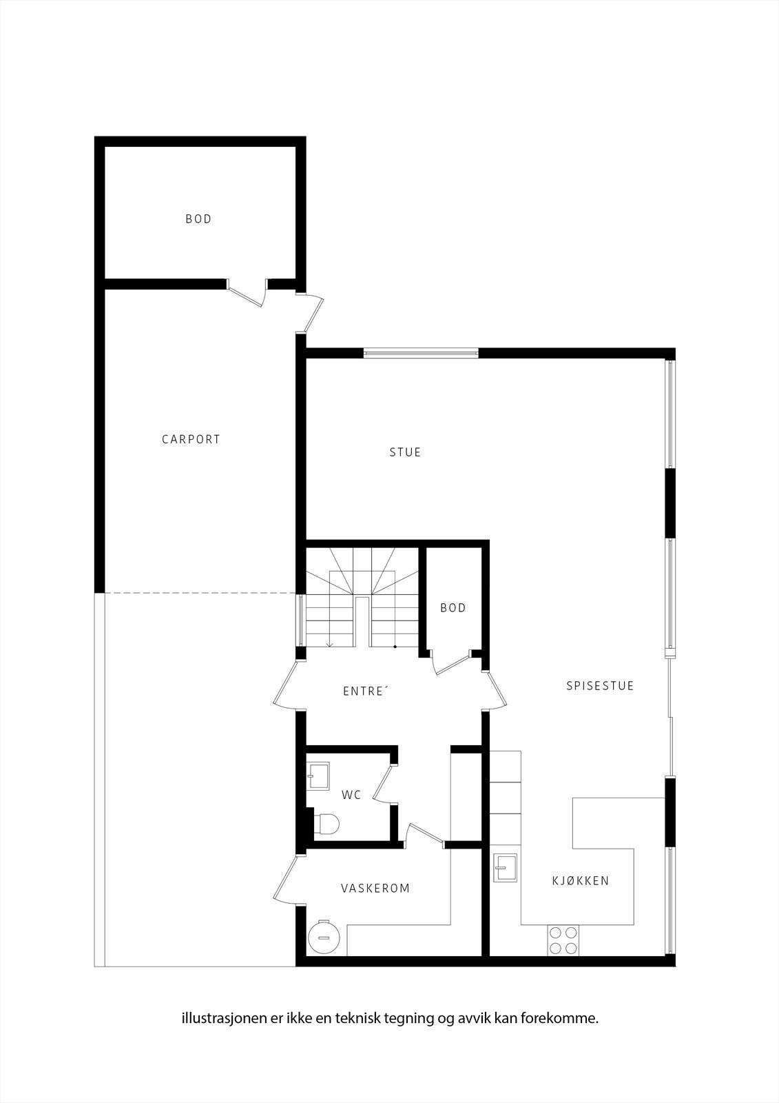Første etasje har en sosial og åpen planløsning med stue og kjøkken, i tillegg til praktiske rom som vaskerom, toalettrom og bod. Galleribilde