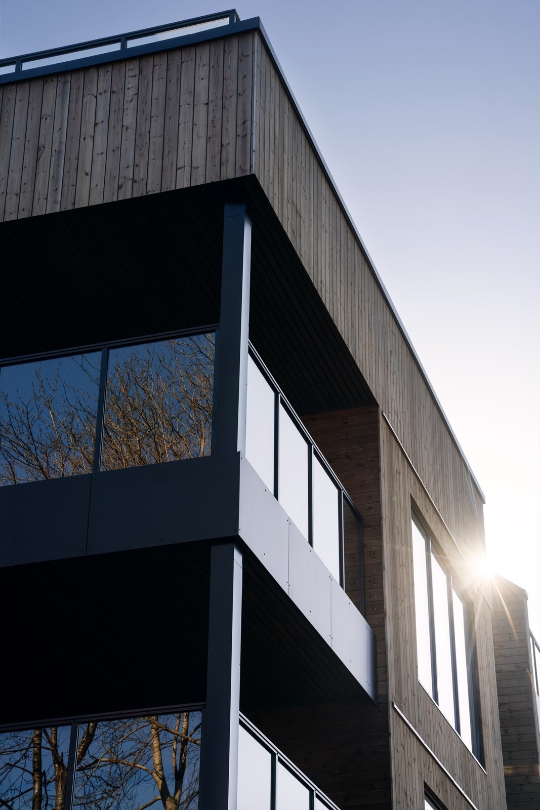 Detaljer ved fasaden viser en kombinasjon av treverk og glass. Galleribilde