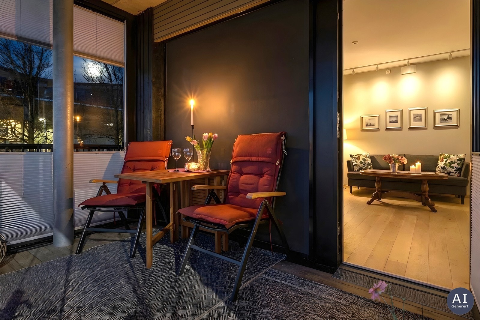 Fra balkongen er det direkte inngang til stuen via stor verandadør - Screens på vinduene styres via fjernkontroll og bidrar til mer privatliv om ønskelig. Galleribilde