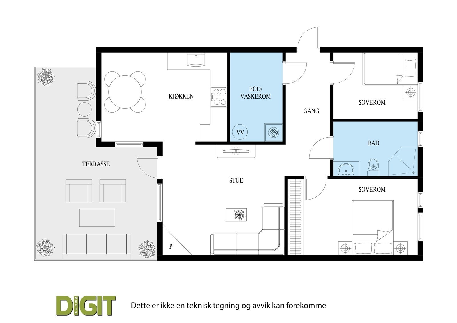 Leiligheten har en arealeffektiv planløsning som inkluderer to soverom, et separat vaskerom/bod og en åpen løsning mellom stue og kjøkken. Galleribilde