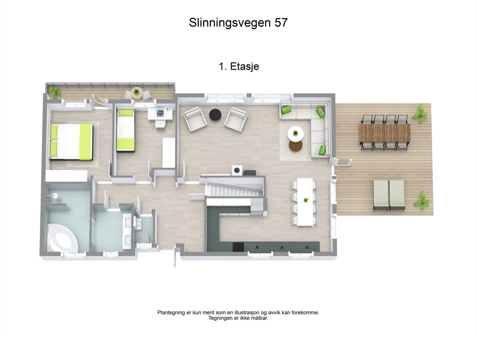 Møblert plantegning som illustrerer mulighetene i første etasje, med en åpen stue- og kjøkkenløsning og adskilt soveromsavdeling. Galleribilde