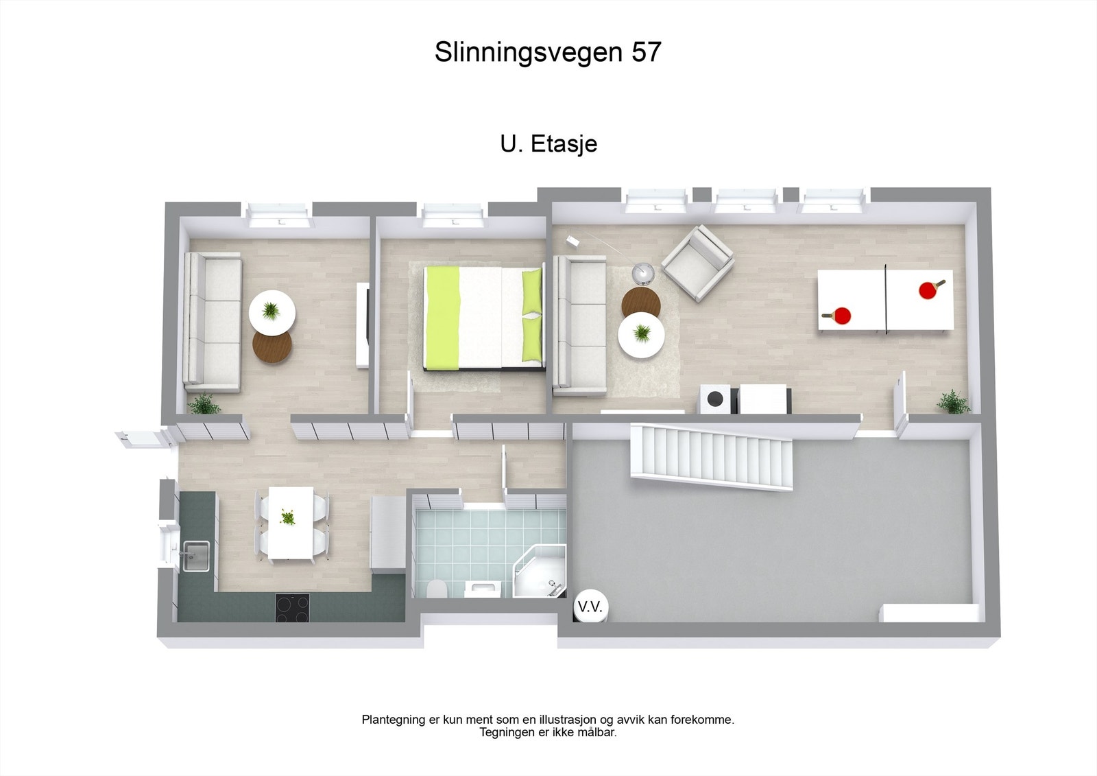 Illustrasjon av underetasjens innredning, som viser potensialet i kjellerstuen og den separat innredede delen. Galleribilde
