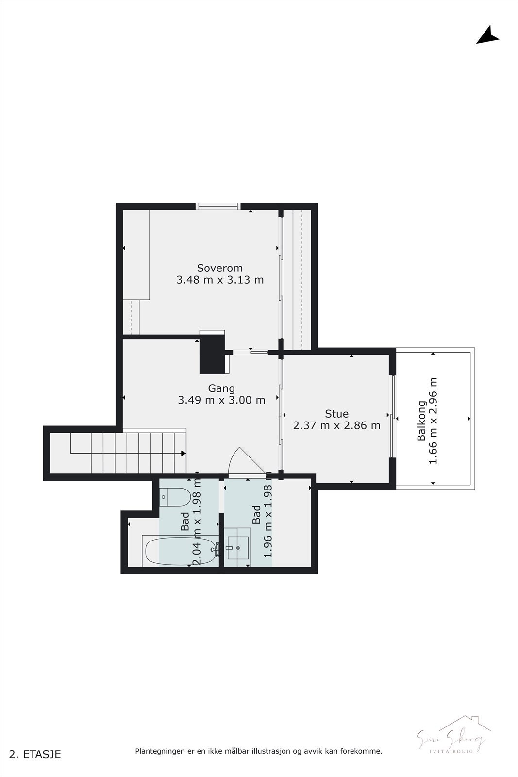 Plantegning av loftet. Soverommet på denne plantegningen har en gulvflate på ca. 4,02 x 3,13meter. Galleribilde