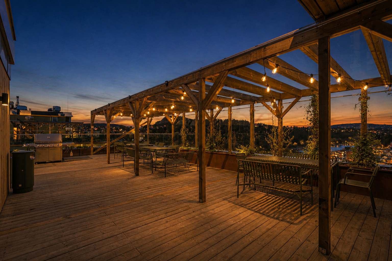 Kveldsstemning på takterrasse. Bildet er AI redigert. Galleribilde