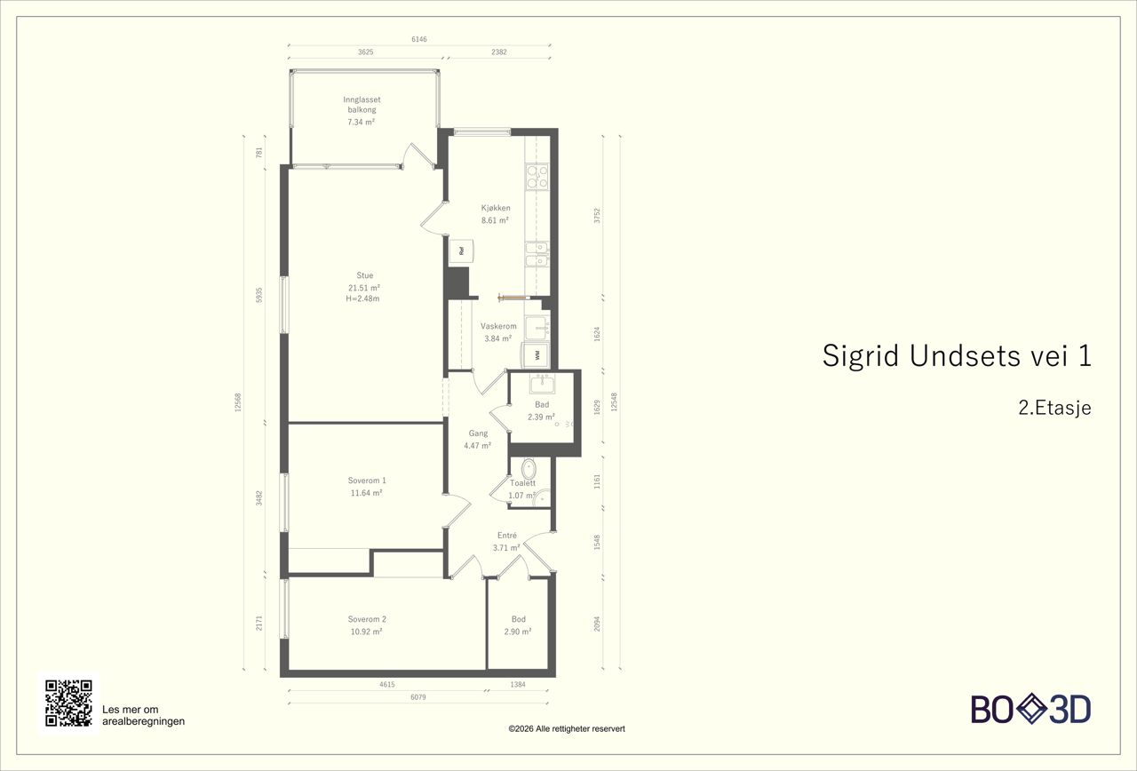 Leiligheten i andre etasje har 75 m² bruksareal, med innglasset balkong på 8 m². Galleribilde