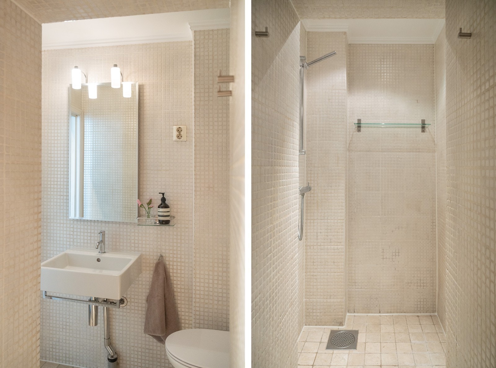 Badet er utstyrt med mekanisk avtrekk, servant, stoppekran, veggmontert wc og dusjnisje Galleribilde