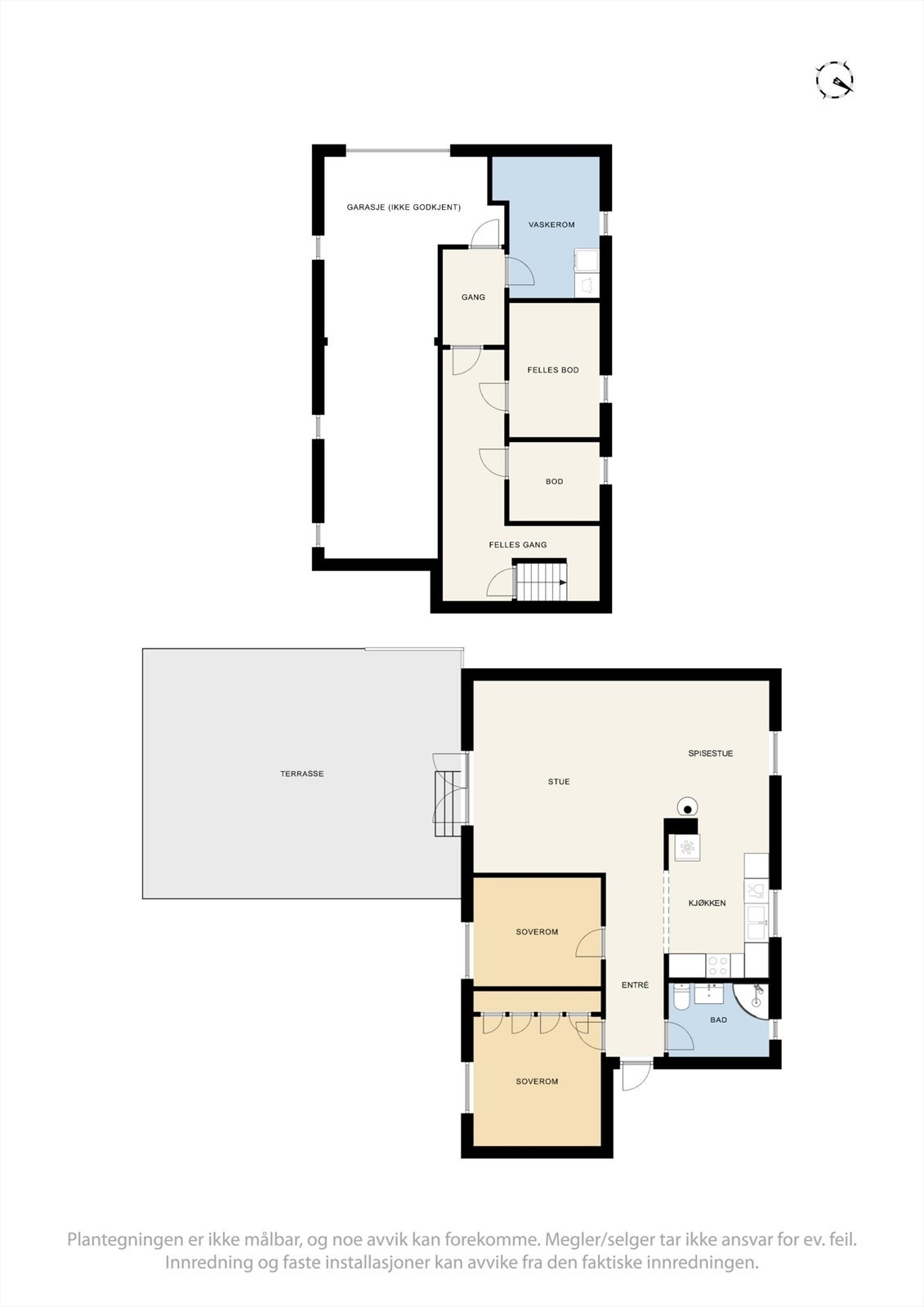 Første etasje inneholder de primære oppholdsrommene, mens kjelleren byr på garasje (ikke godkjent), vaskerom og bodplass. Galleribilde