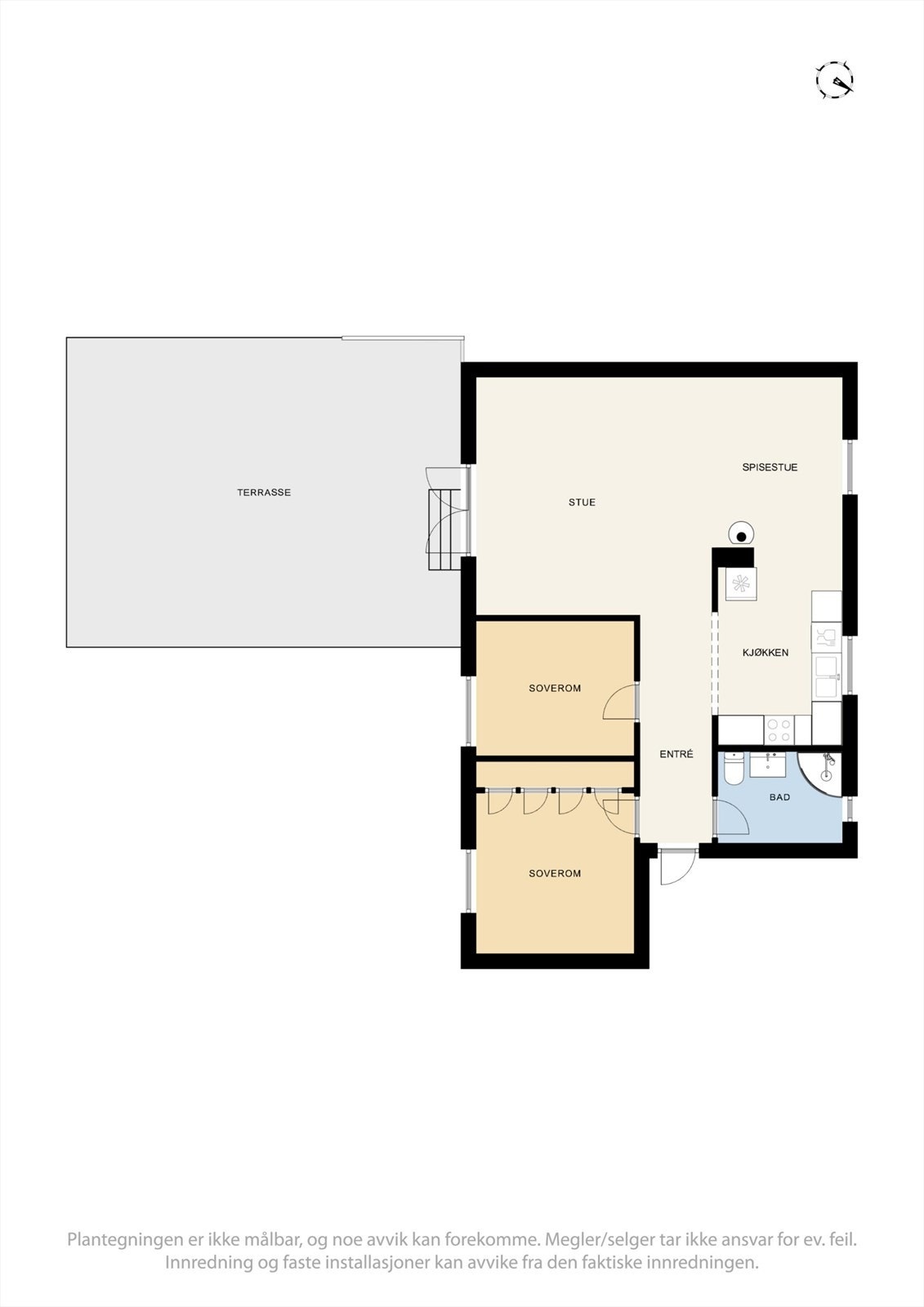 Boligen har en praktisk planløsning på 69 m² med åpen stue- og kjøkkenløsning, to soverom og bad. Galleribilde