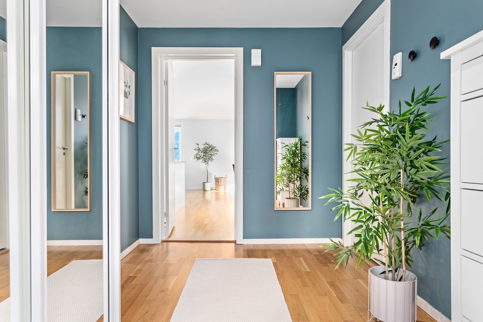 Gangen har god plass til oppheng av ytterklede, både på vegg og i praktisk garderobeskåp med spegel i front. Galleribilde