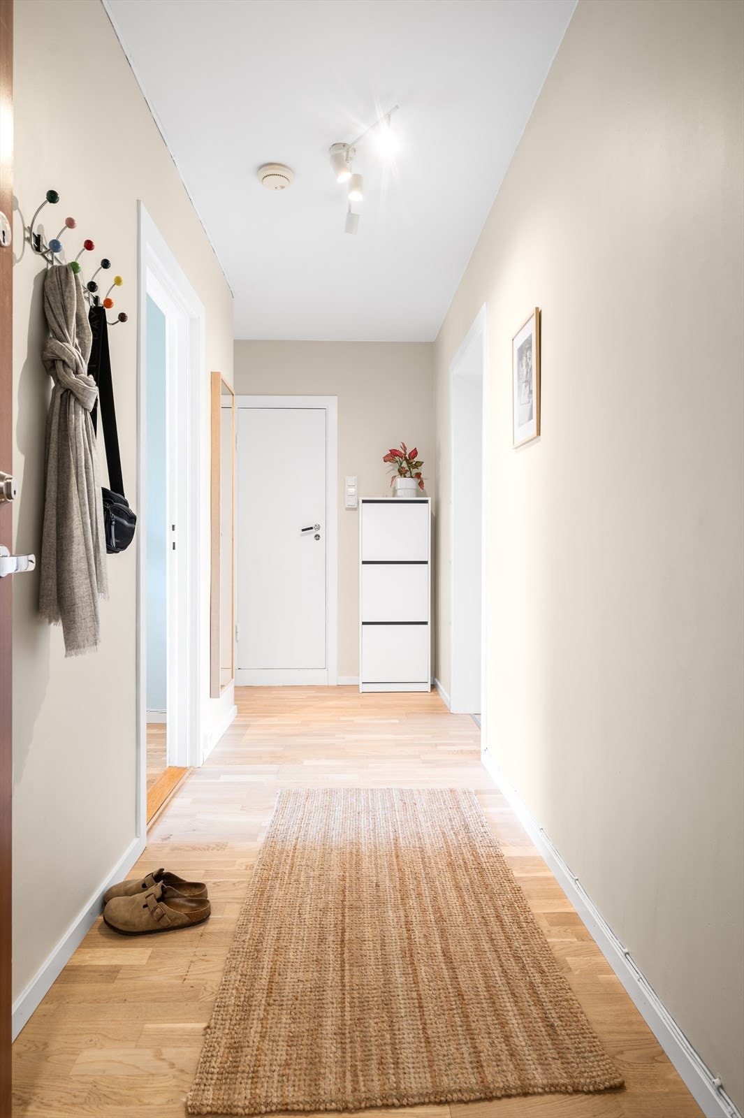 Romslig gang med god plass til å henge av seg ytterklær og sette fra seg skoene. Galleribilde