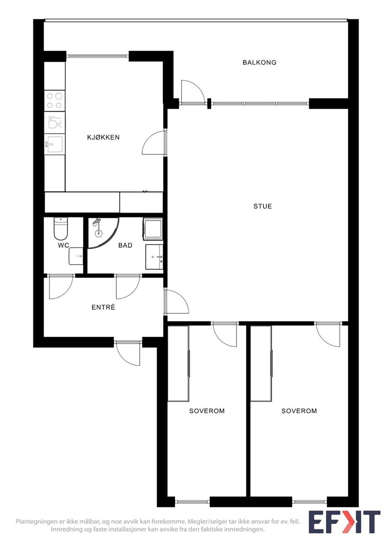 Leiligheten har en optimal planløsning som inneholder en praktisk entré/gang, stor stue, separat kjøkken, tidløst flislagt baderom, praktisk toalettrom, samt to soverom av god størrelse. Galleribilde