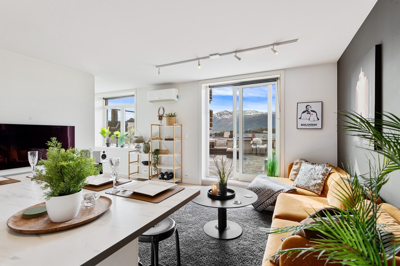 Store skyvedører mot syd som leder ut til stor terrasse på 42 kvm Galleribilde