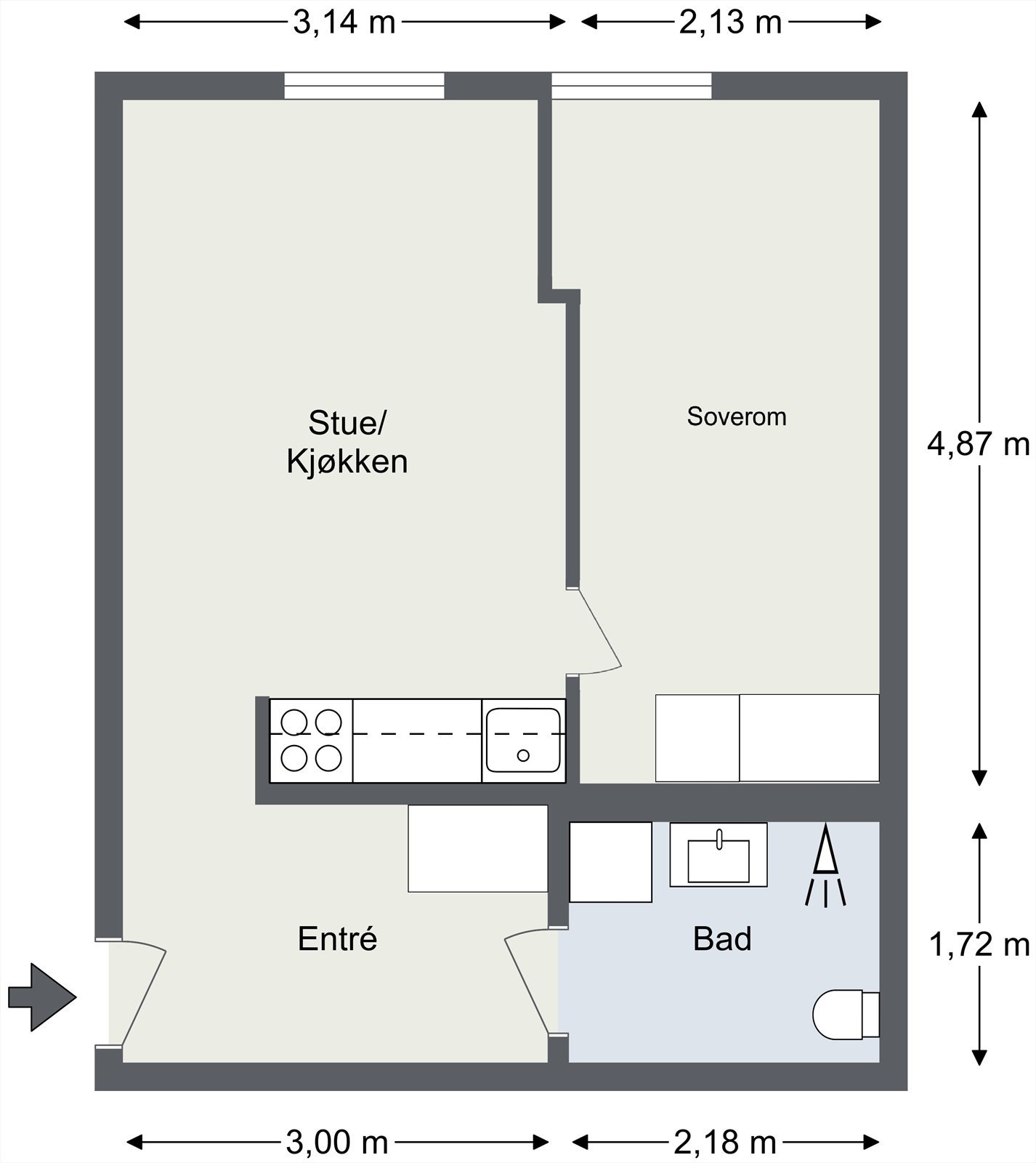 Alternativ plantegning hvor det er satt opp lettvegg og satt inn dør for å danne et soverom slik at det blir en 2-roms. Galleribilde