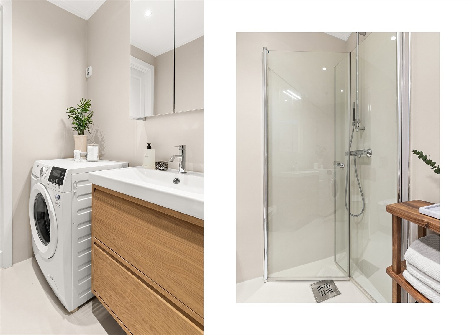 Badet er moderne og stilrent med flislagte overflater og en oversiktlig planløsning. Galleribilde