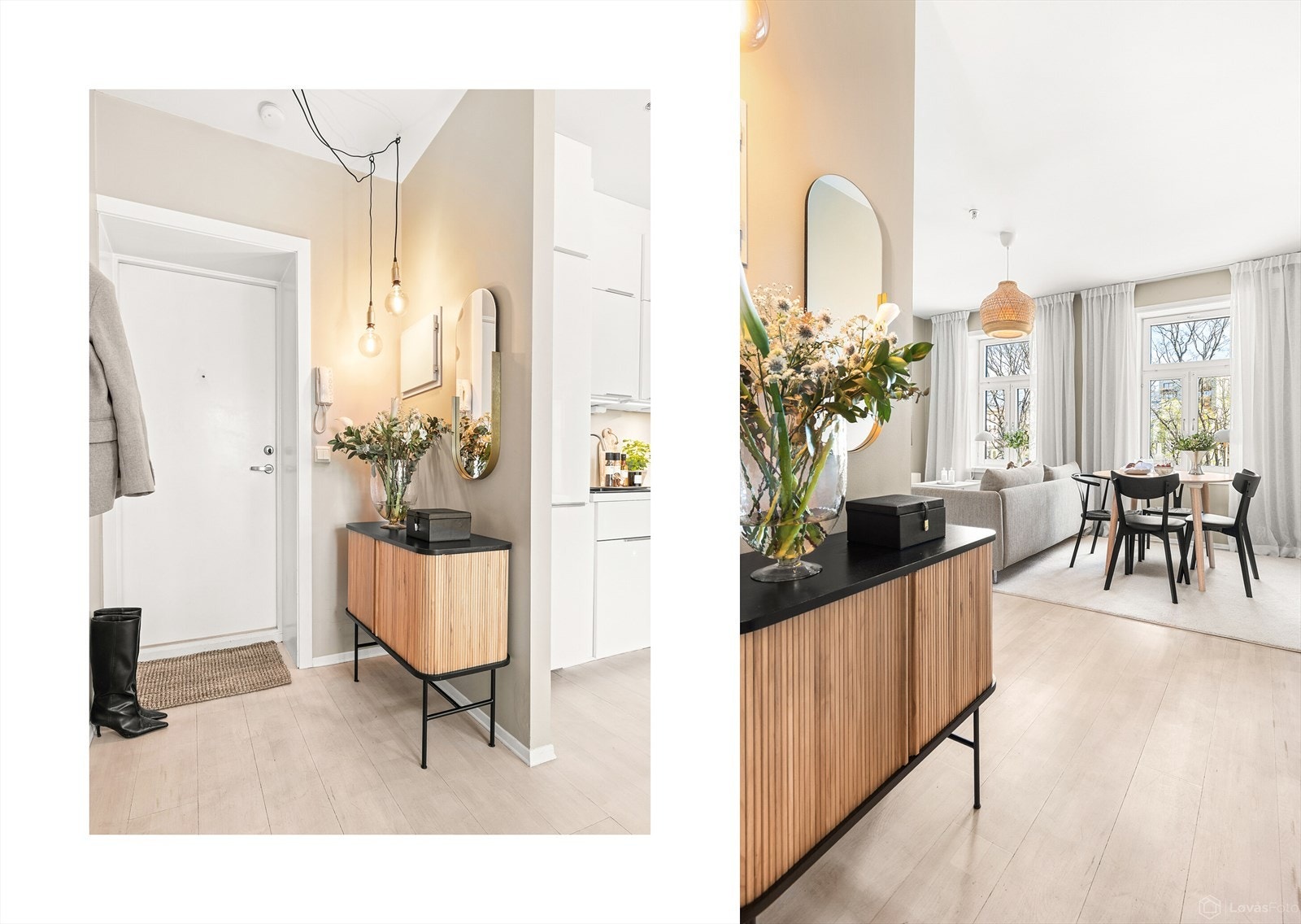 Entréen gir et ryddig og hyggelig førsteinntrykk med plass til oppheng av yttertøy og en praktisk overgang til boligens øvrige rom. Galleribilde