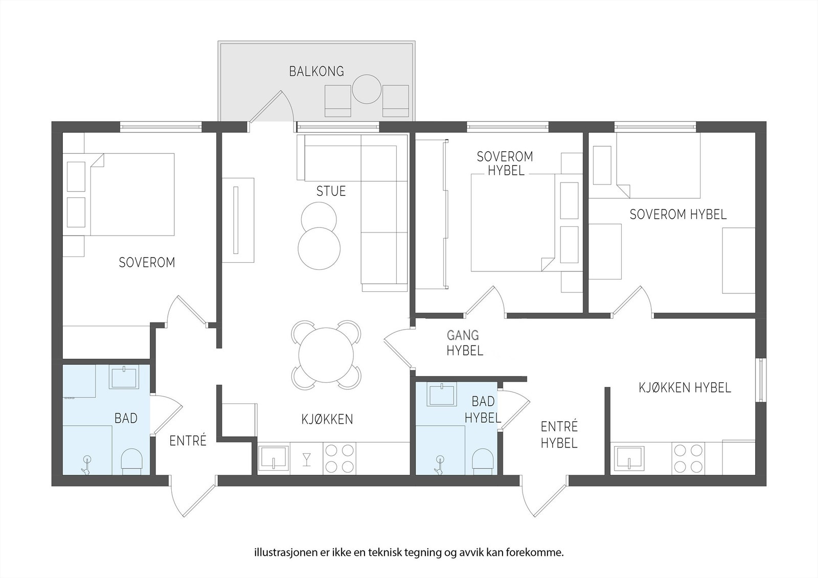 Alternativplan Ved utleie av 2 soverom inngår gang og tilhørende soverom i hybeldelen. Leieestimat: 17 000-18 000 kr per måned (for hybel med to soverom). Galleribilde