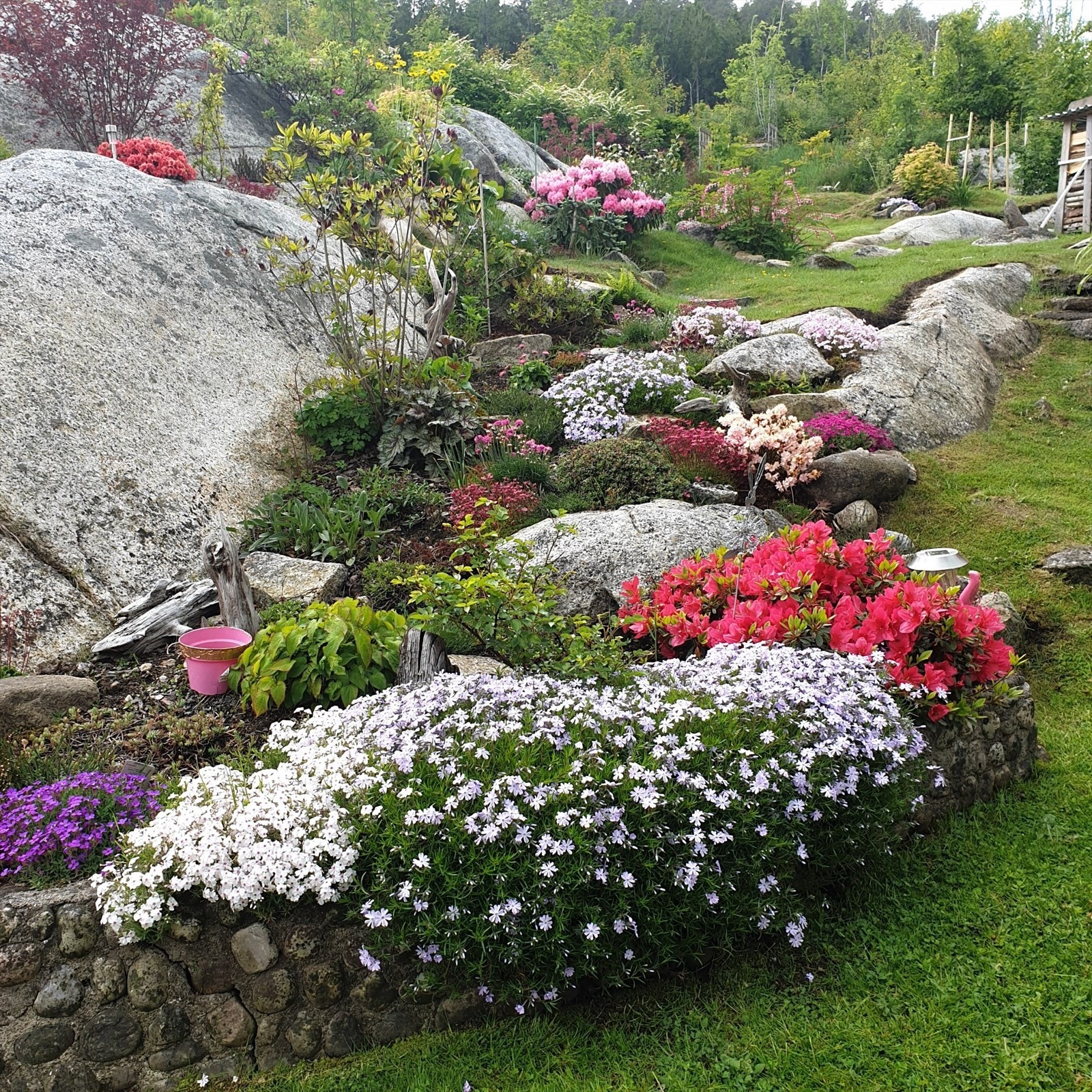 Blomsterbed og beplantning er anlagt i harmoni med naturtomten. Galleribilde