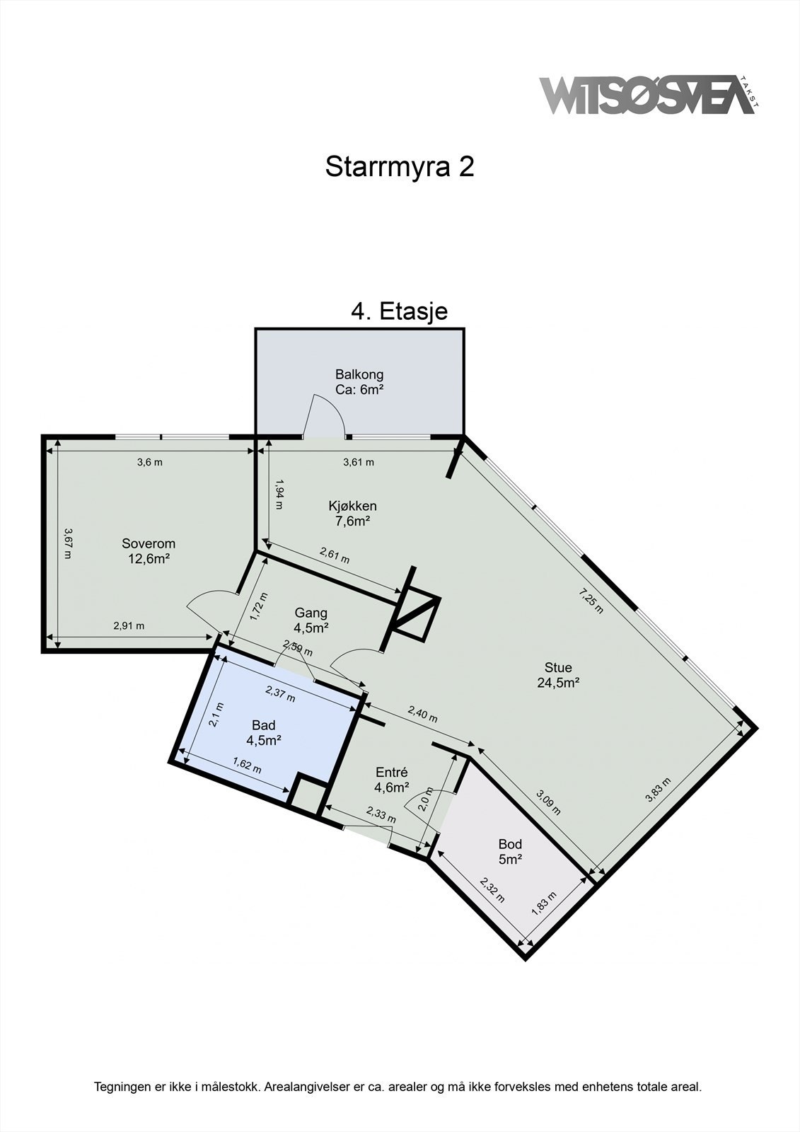 Plantegningen illustrerer en arealeffektiv leilighet på 67 m² med ett soverom, en romslig stue og en praktisk intern bod. Galleribilde