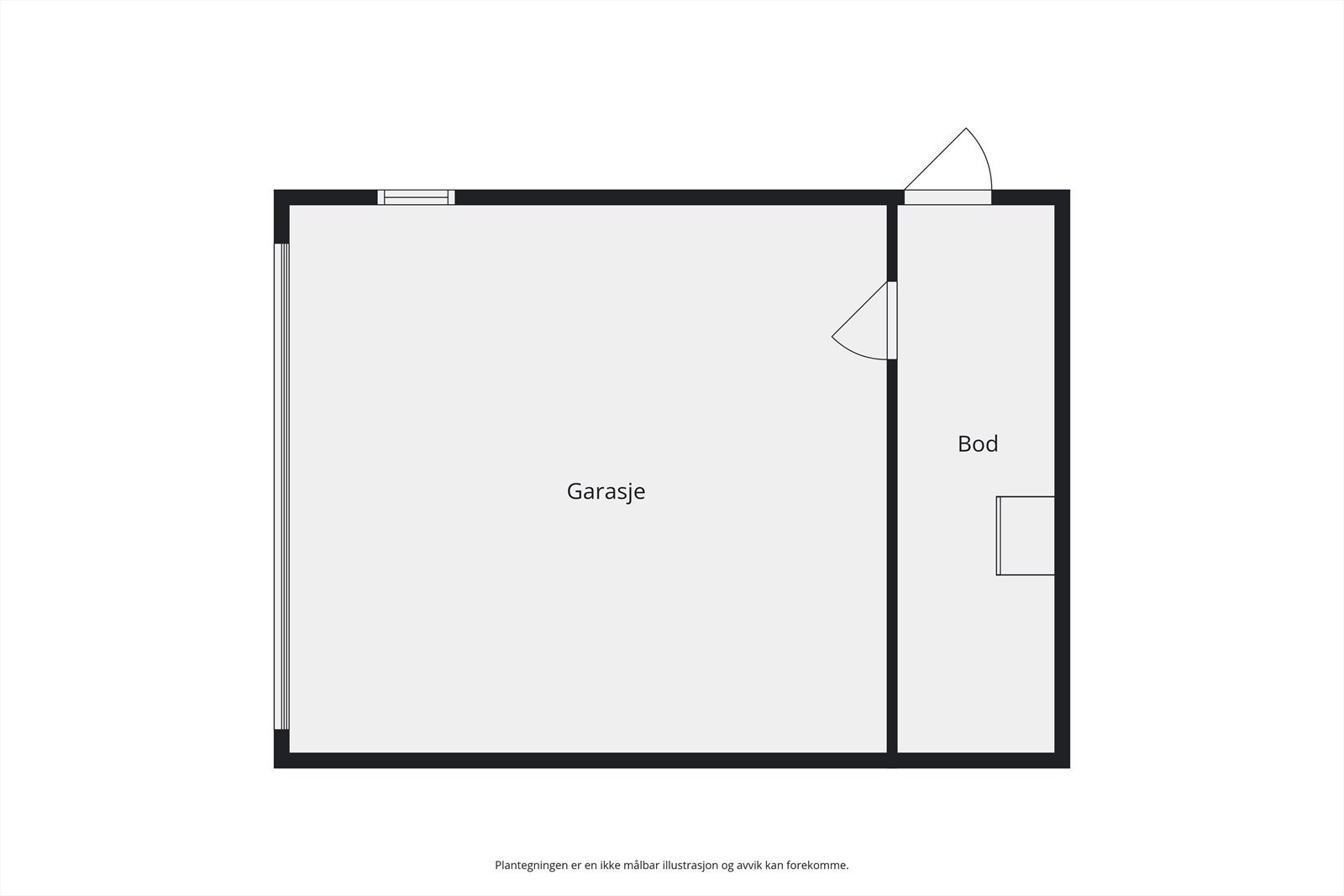 Garasjen har et samlet areal på 43 m², som inkluderer en praktisk, isolert bod på 10 m². Galleribilde