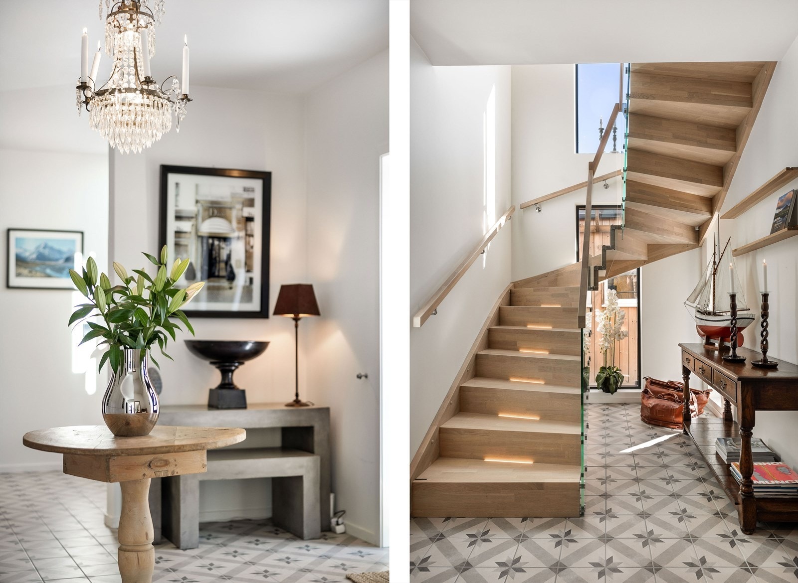 Trapperommet er lyst og åpent, og trappen i heltre eik fra Escalia har integrert belysning i trinnene. Galleribilde