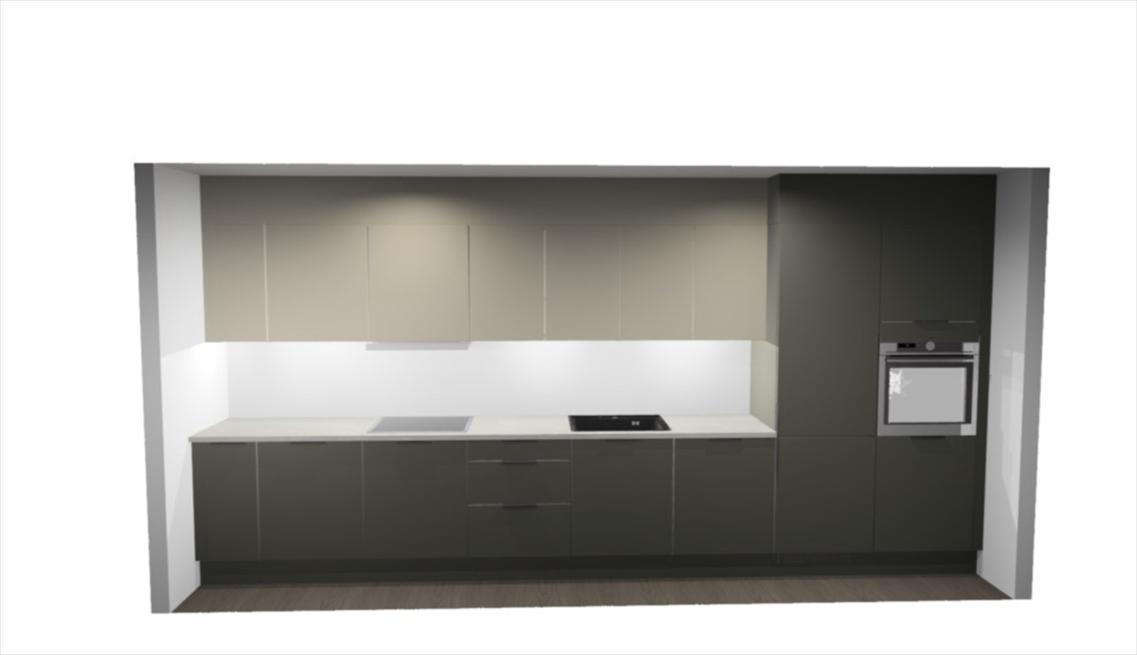 Illustrasjon kjøkken fra HTH i denne leiligheten| Modell ZP Focus i Mokka/Leir. Det leveres integrerte hvitevarer fra Electrolux. Avvik kan forekomme. Galleribilde