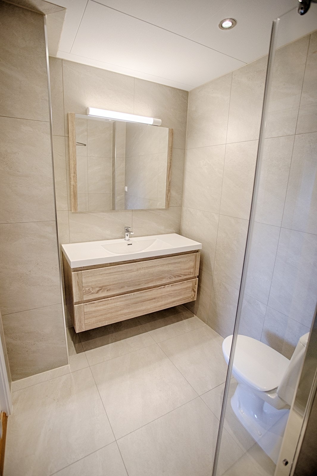 Badet ble nylig fornyet av fagfolk. Her er det en moderne innredning med servantskap og speil med belysning. Galleribilde