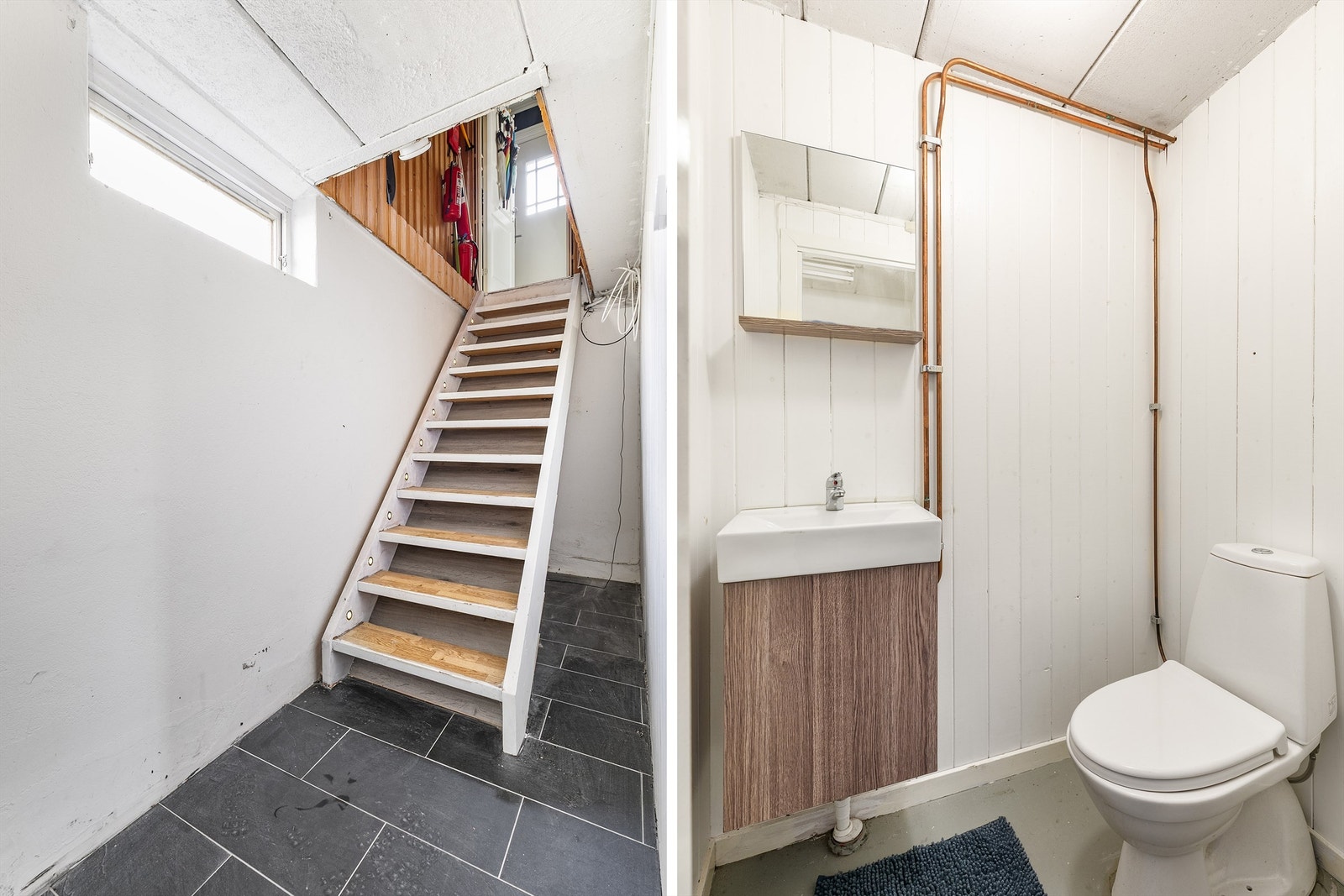Rett etter kjellertrappen finnes både toalettrom og vaskerom. Toalettrommet er oppgradert med moderne møbler i nyere tid. Galleribilde