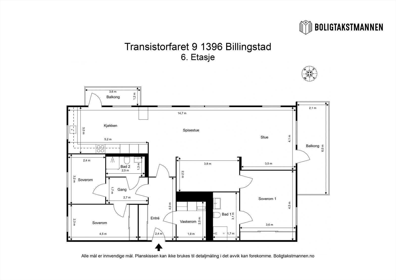 Boligen ligger i 6 etasje med heisadkomst til alle etasjeplan og har følgende romfordeling: Entré, gang, vaskerom, 2 baderom, 3 soverom, kjøkken, spisestue og stue. Galleribilde