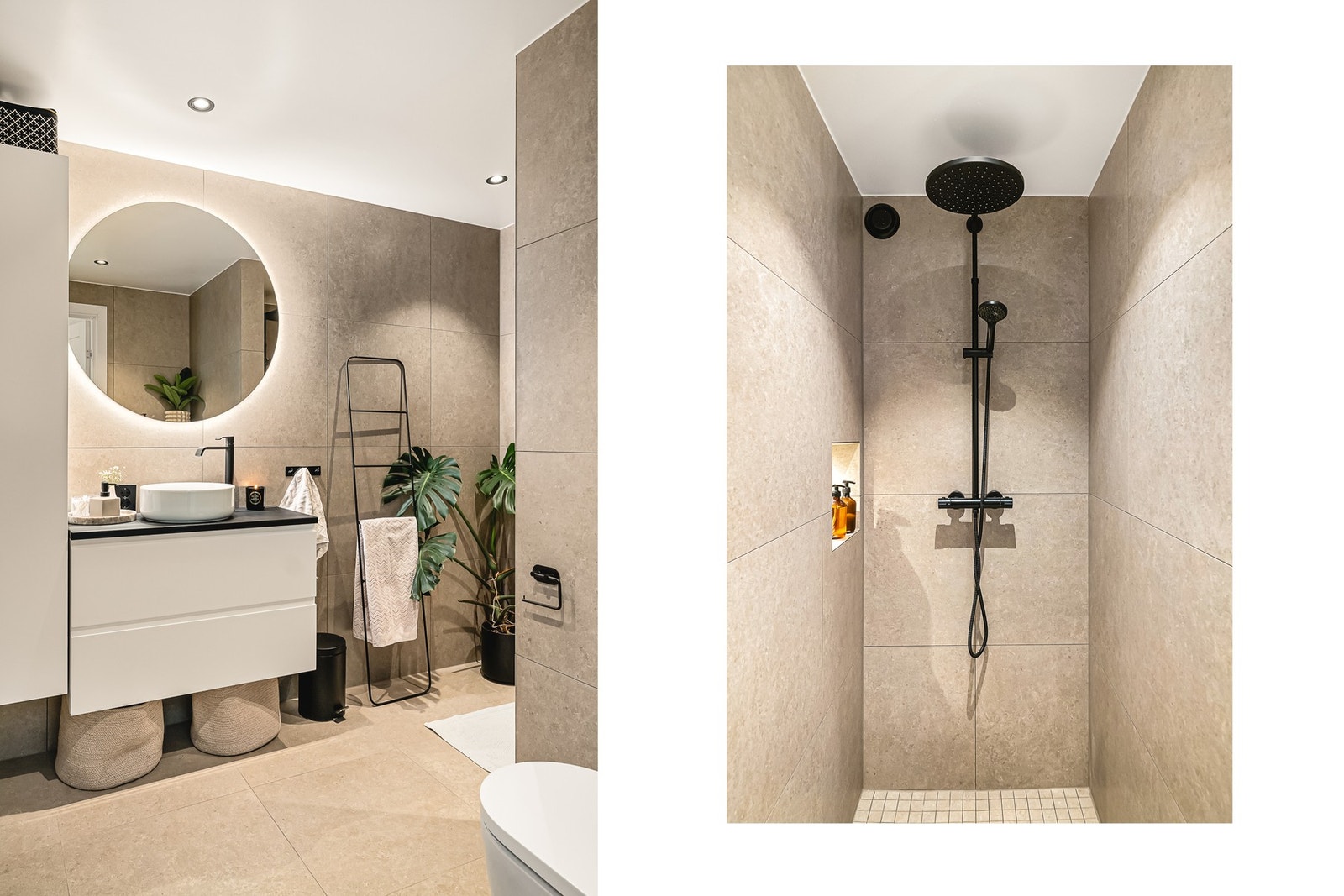 Badet måler 5,7 m². Her er det lagt pene fliser på vegger og gulv, samt varmekabler. Galleribilde