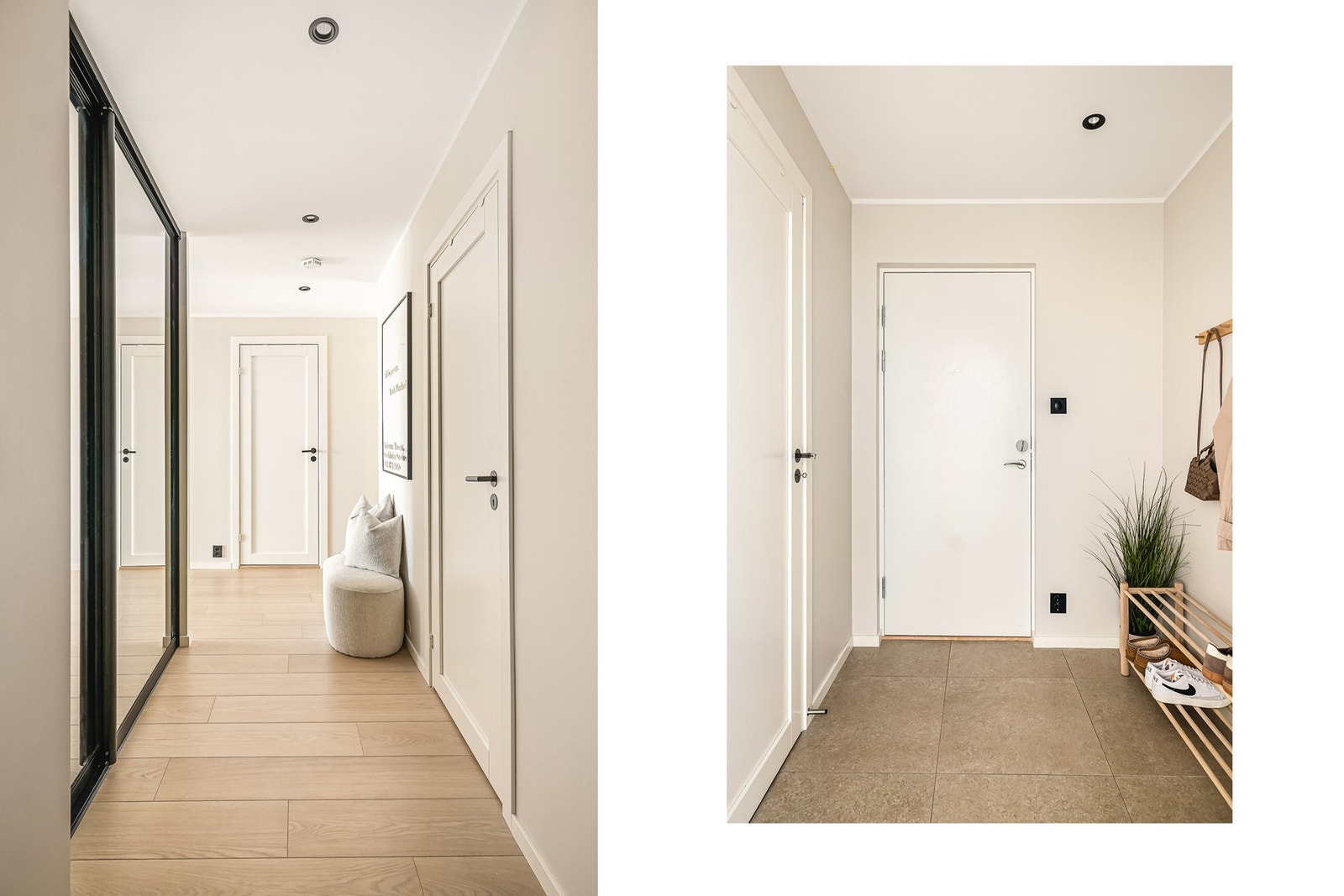 Velkommen inn! Entréen fremstår lys og innbydende, og har rikelig med oppbevaringsplass i en romslig skyvegarderobe med speilfronter. Galleribilde