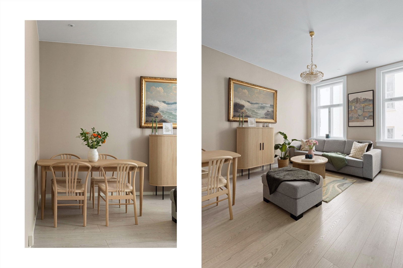 Leiligheten er holdt i duse og behagelige nyanser. Galleribilde