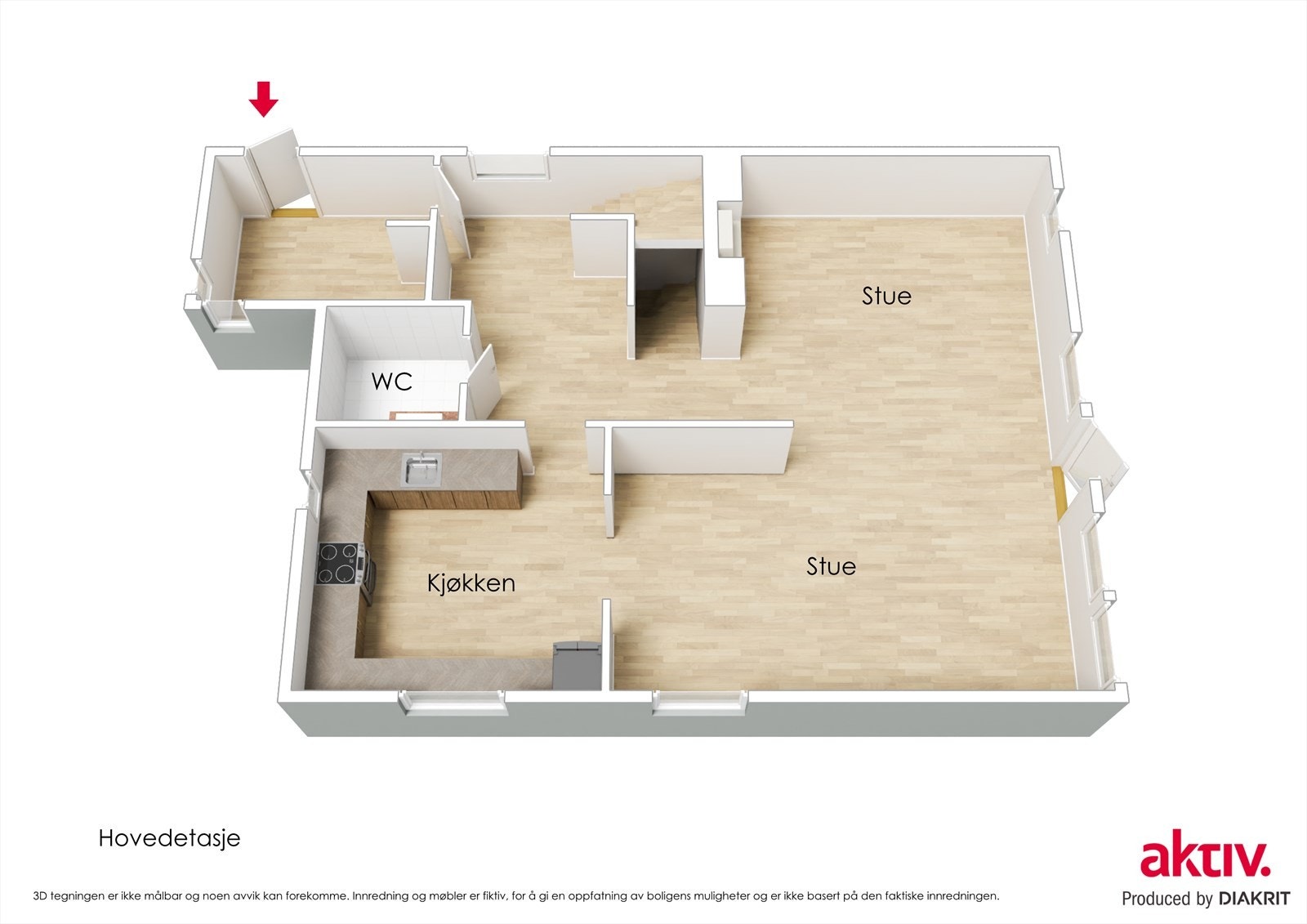Plantegning 1.etg. 3D tegning er ikke målbar og noen avvik kan forekomme. Galleribilde