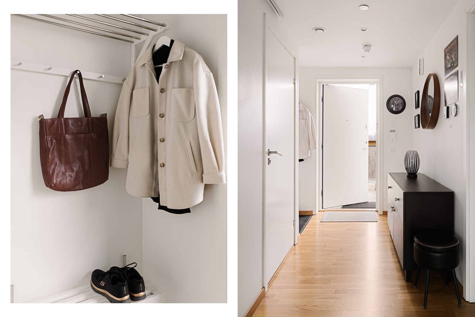 Entreen er romslig, men spotter i himlingen og fint gulv av parkett. Entreen byr på en stor skyvegarderobe med masse plass for oppbevaring. Galleribilde