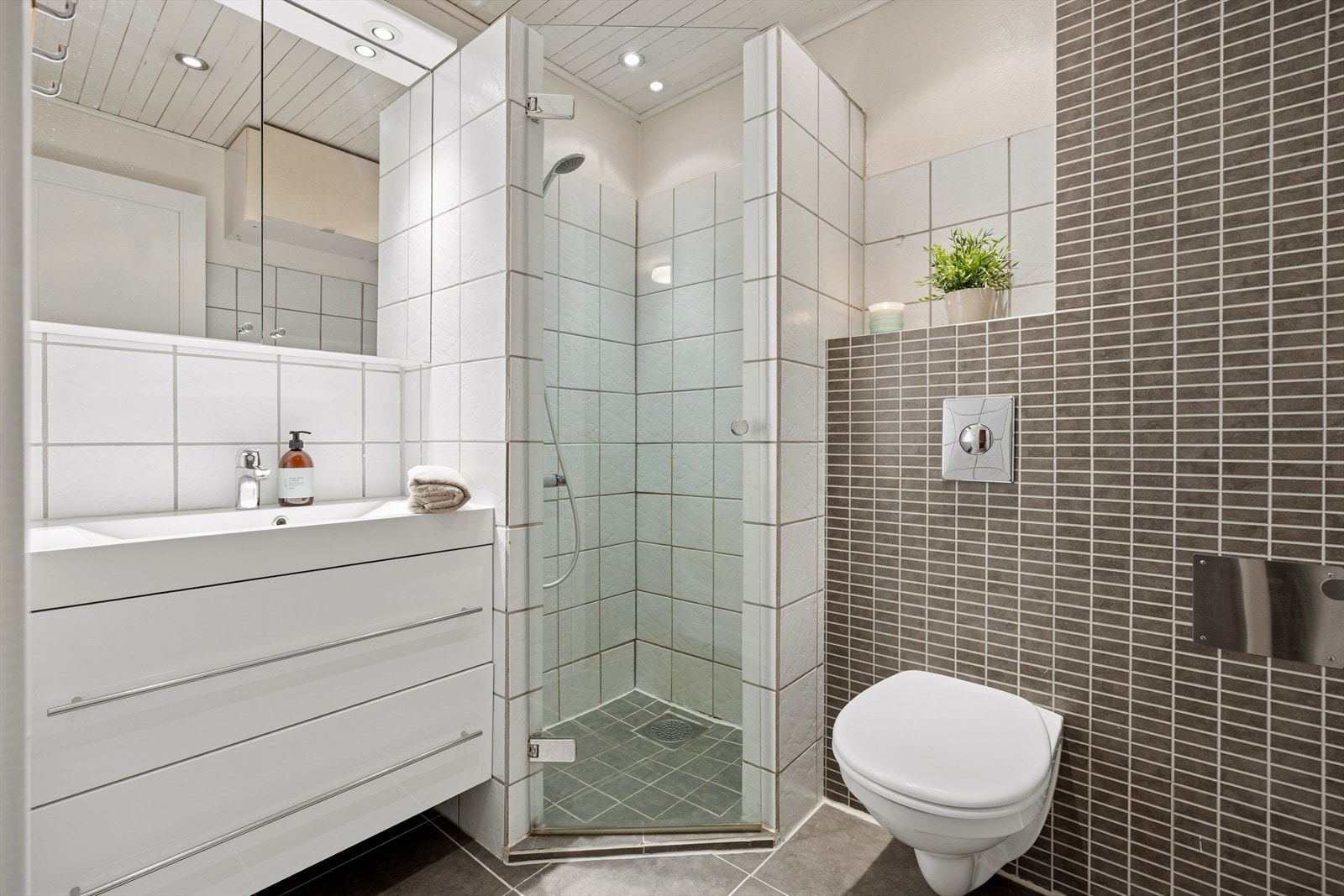 Badet i første etasje har vegghengt toalett, dusjhjørne med innfellbare glassdører og servant med skuffeseksjon. Galleribilde