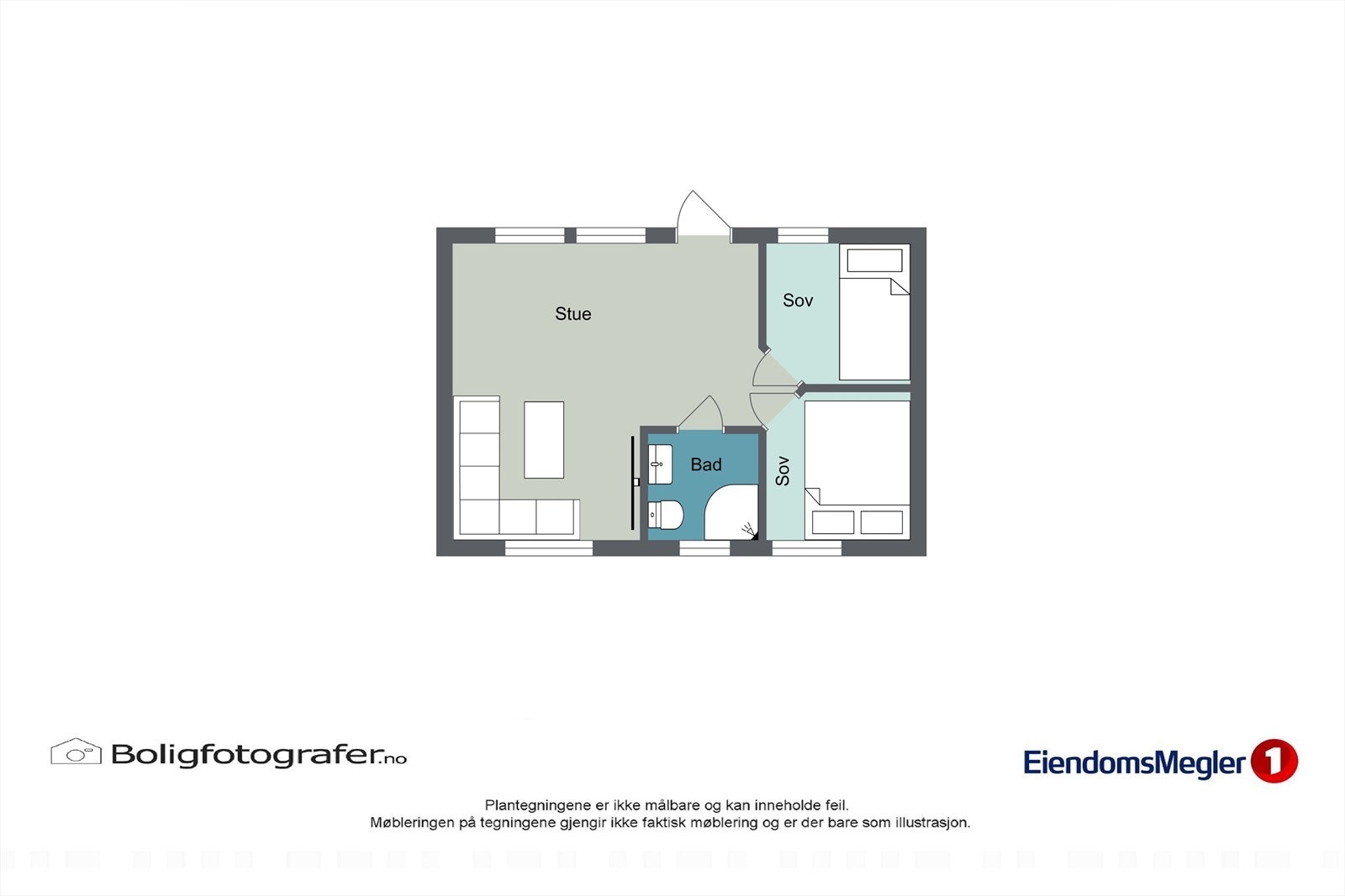 Planløsningen for annekset viser en kompakt og funksjonell enhet med stue, bad og to soverom. Galleribilde