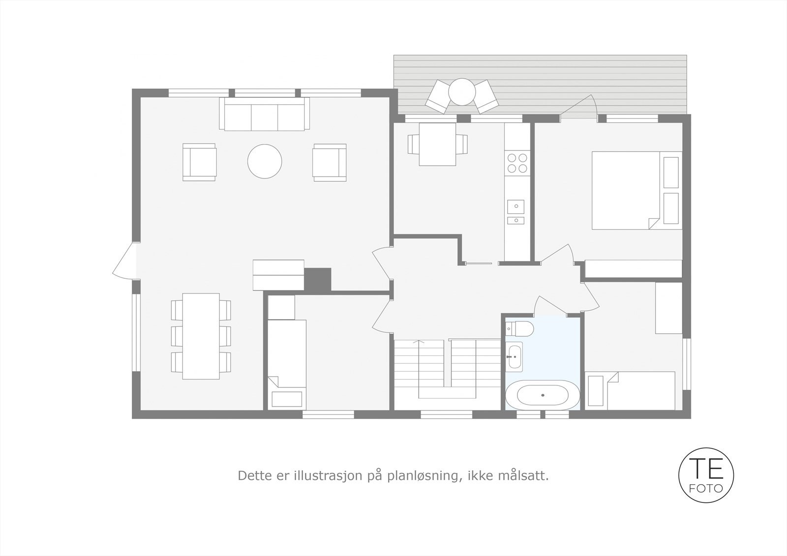 Plantegning for hovedetasjen / 2.etasje - Det er utgang til altan fra soverom og utgang fra stue til hellelagt terrasse/uteplass Galleribilde