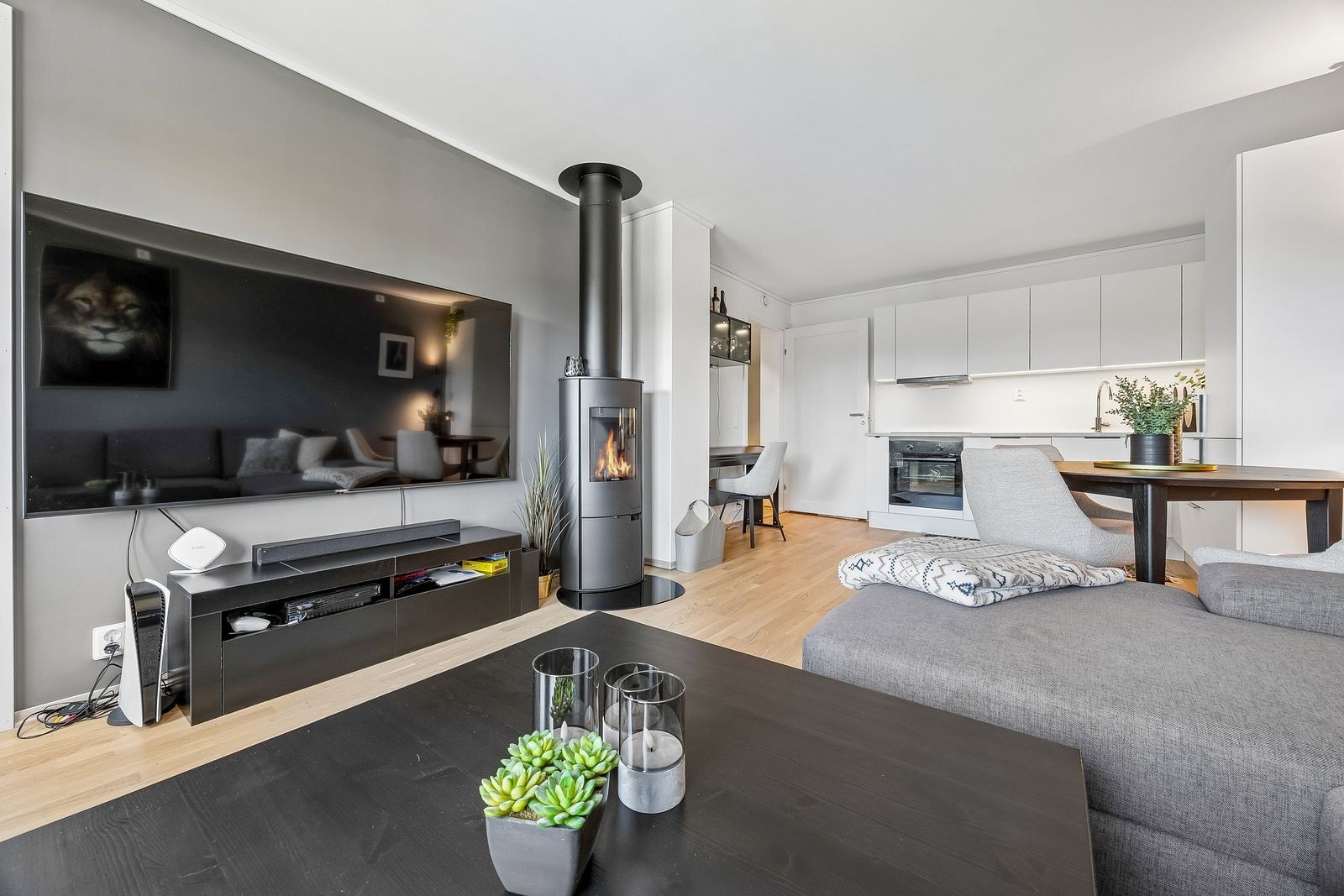 Stuen har mulighet til å fyre med ved. Galleribilde