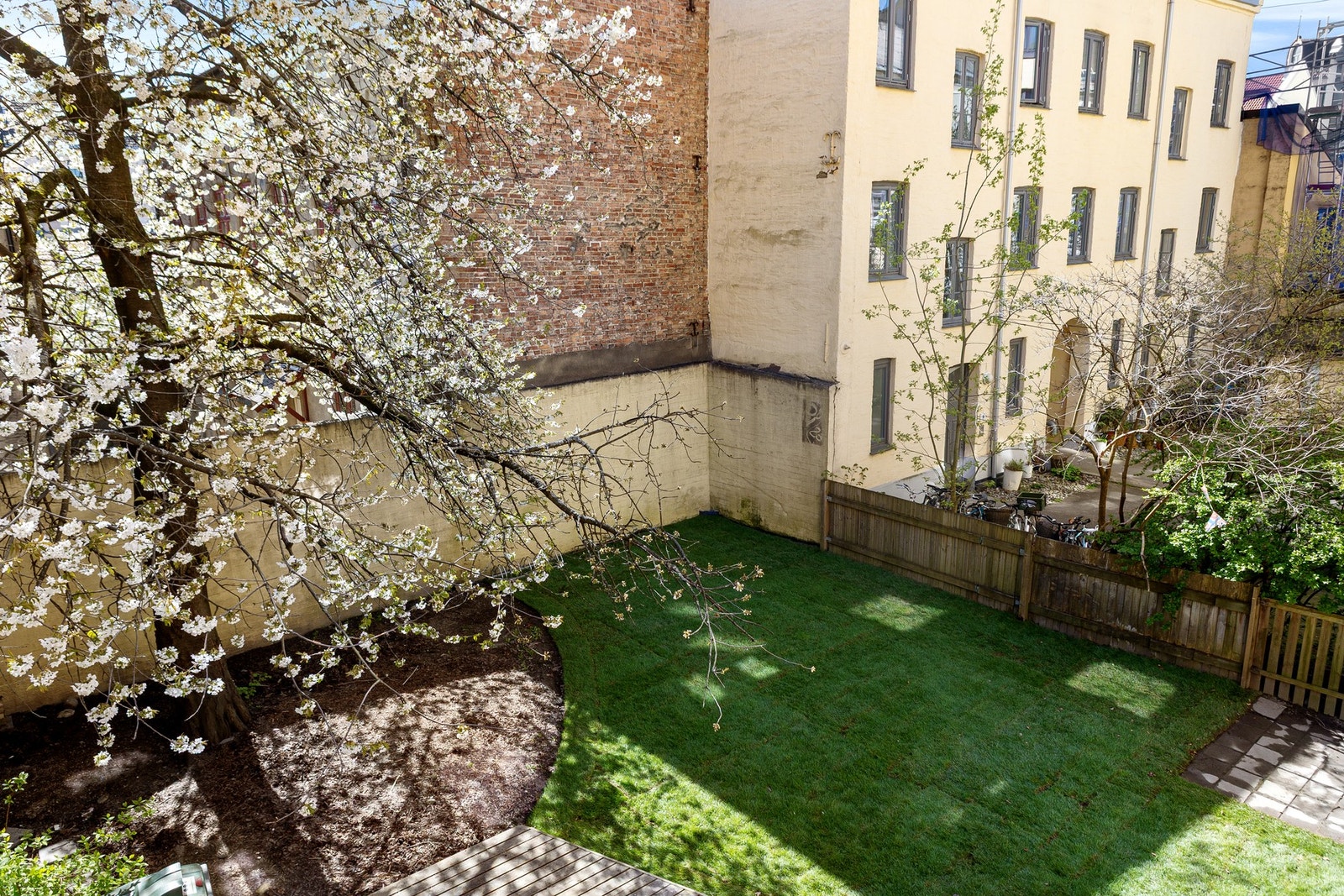 Sameiets bakgård er vesentlig oppgradert i 2026 med ny plen og beplantning. Galleribilde