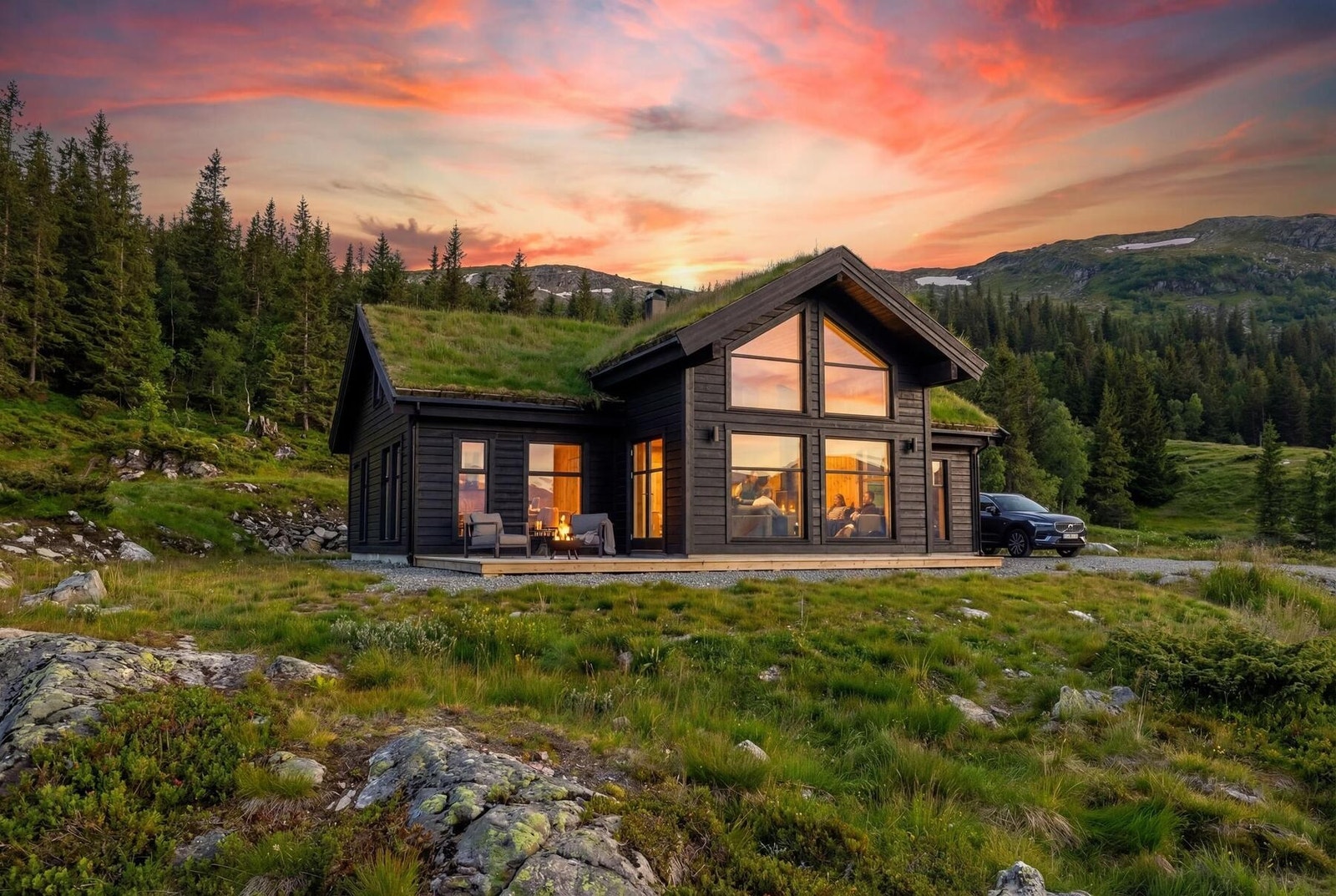 Hyttemodell Polar 110 byr på panorama til naturen. AI redigert Illustrasjonsbilde Galleribilde