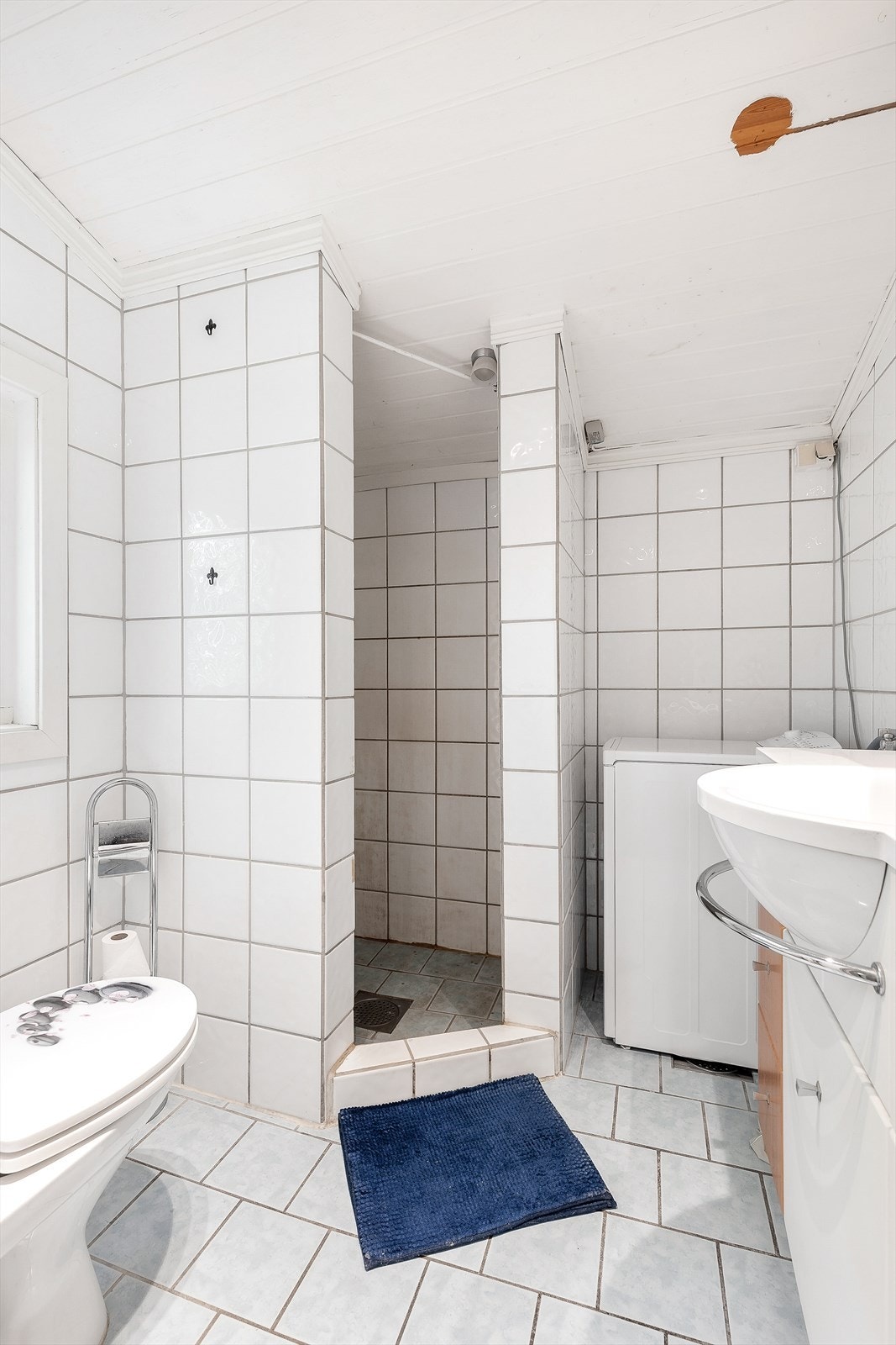 Her finner du en dusjnisje og gulvstående klosett, alt i lyse og funksjonelle omgivelser. Galleribilde