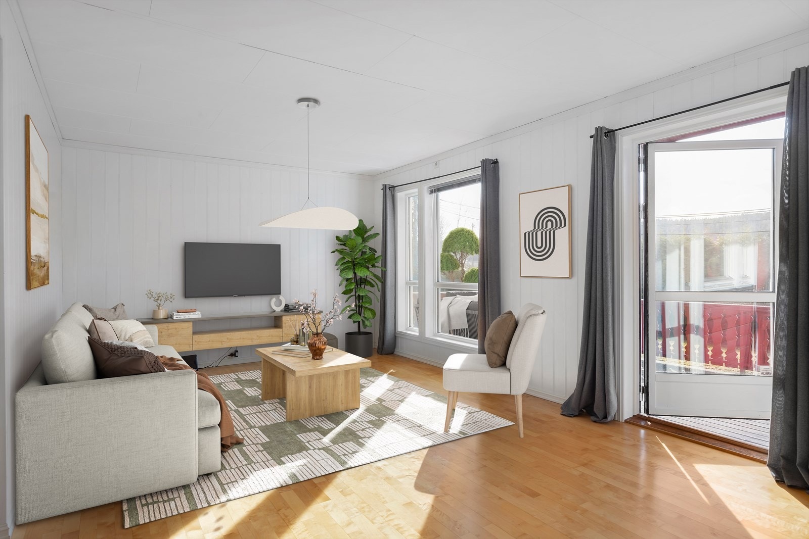 Digital styling viser hvordan leiligheten kan innredes med møbler og oppgraderes. Galleribilde