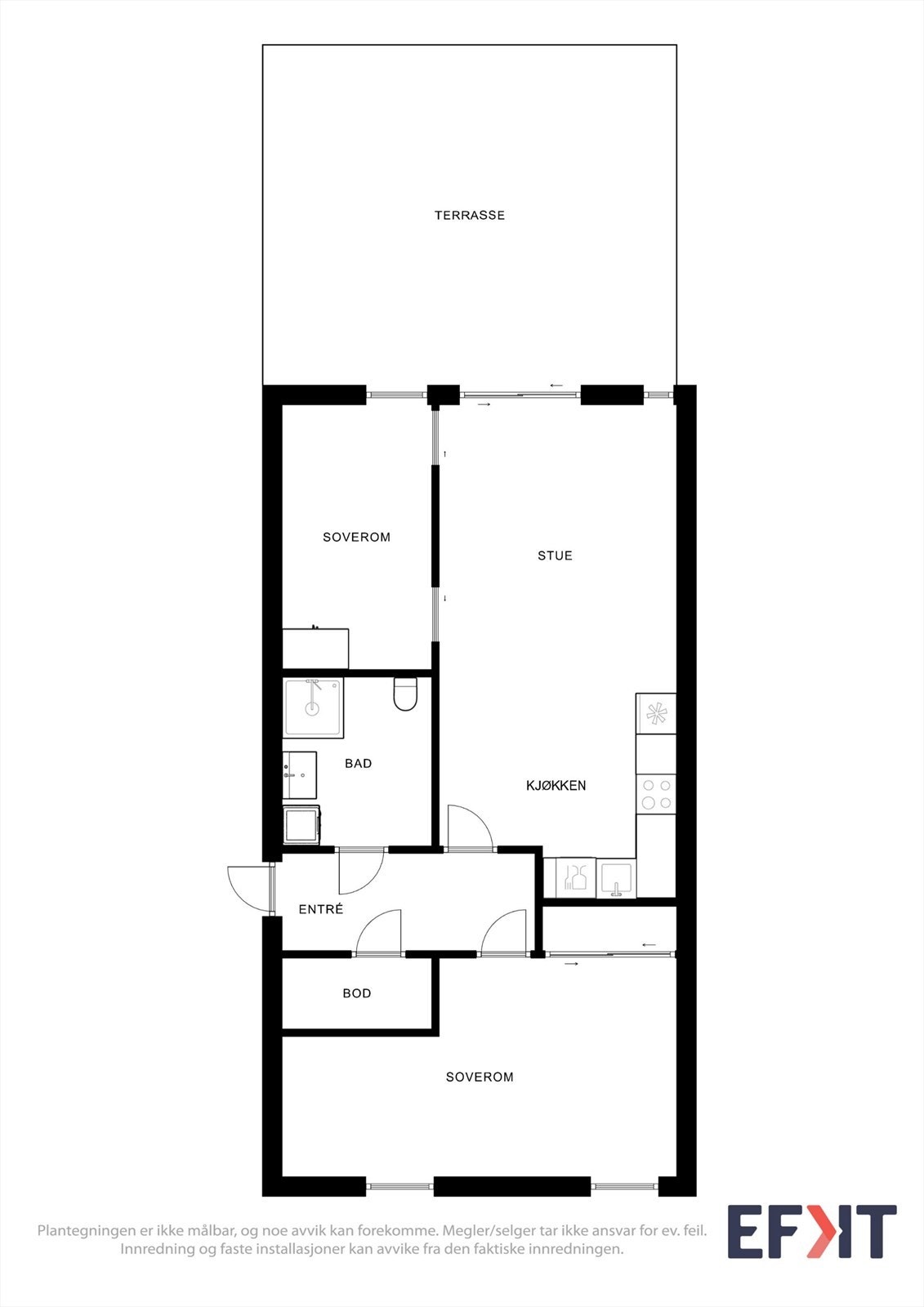 Leiligheten har en arealeffektiv planløsning på 66 m² som omfatter to soverom, bad og en sosial sone med åpen stue- og kjøkkenløsning. Galleribilde