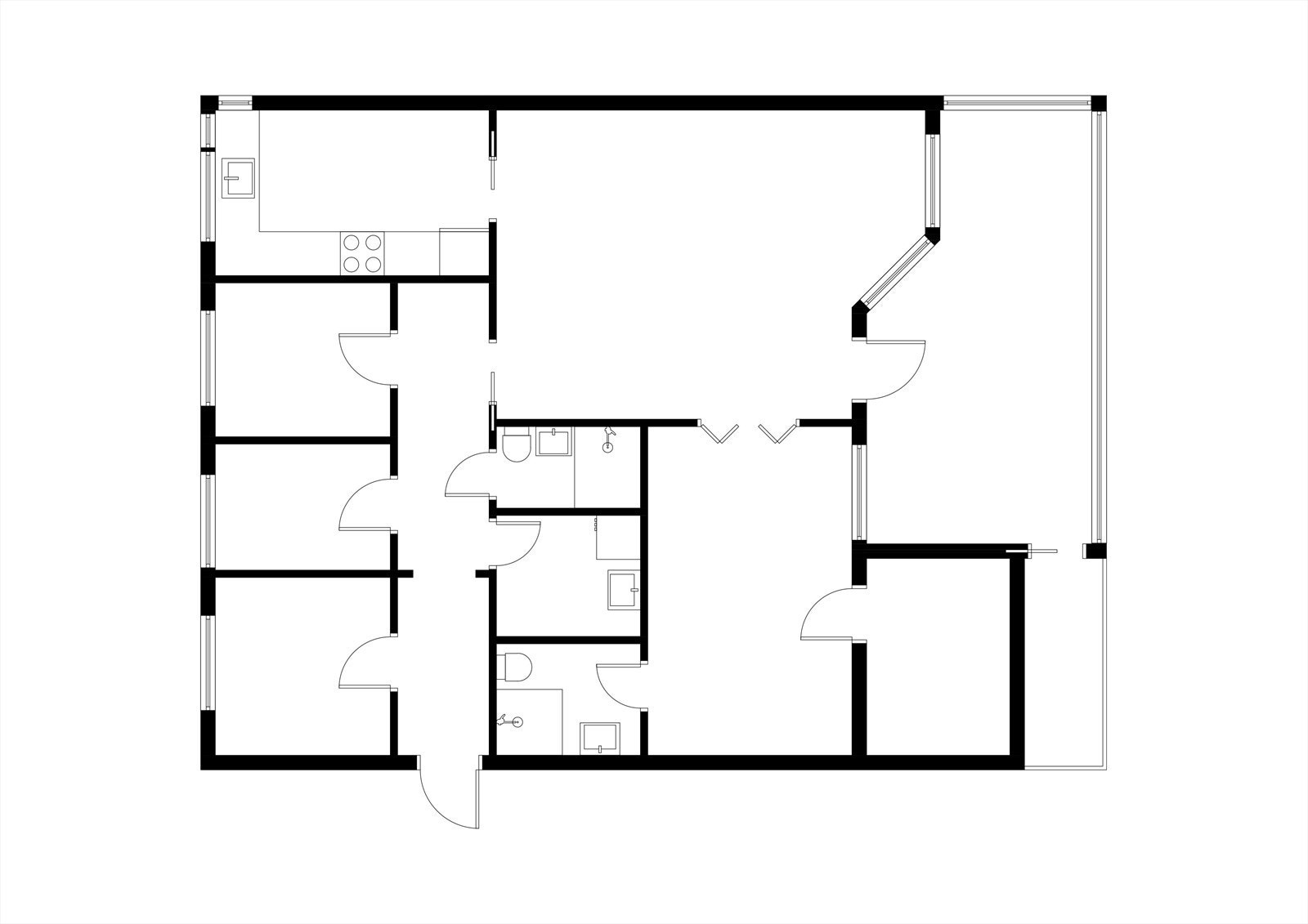 Original plantegning. Veggen i det ene soverommet er fjernet, slik at boligen nå har totalt to soverom. Galleribilde