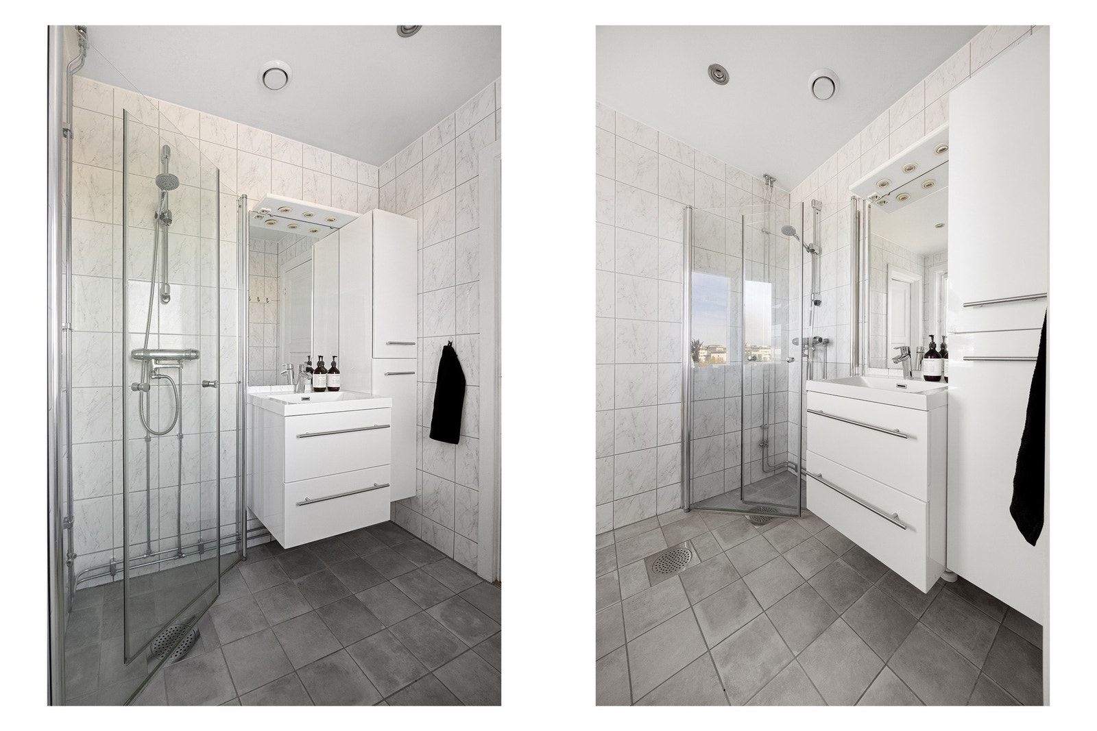 Flislagte vegger og nedforet malt himling med innfelte downlights. Opplegg for vaskemaskin! Galleribilde