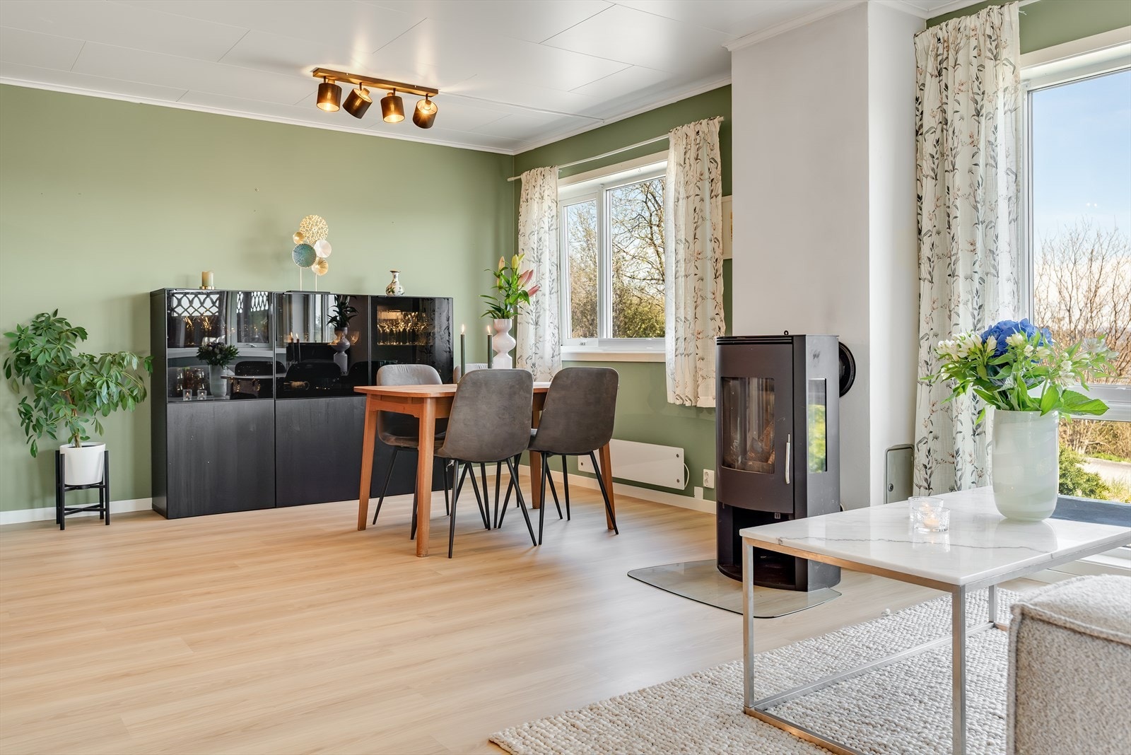 Stuen har naturlige soner for både sofa og spiseplass Galleribilde