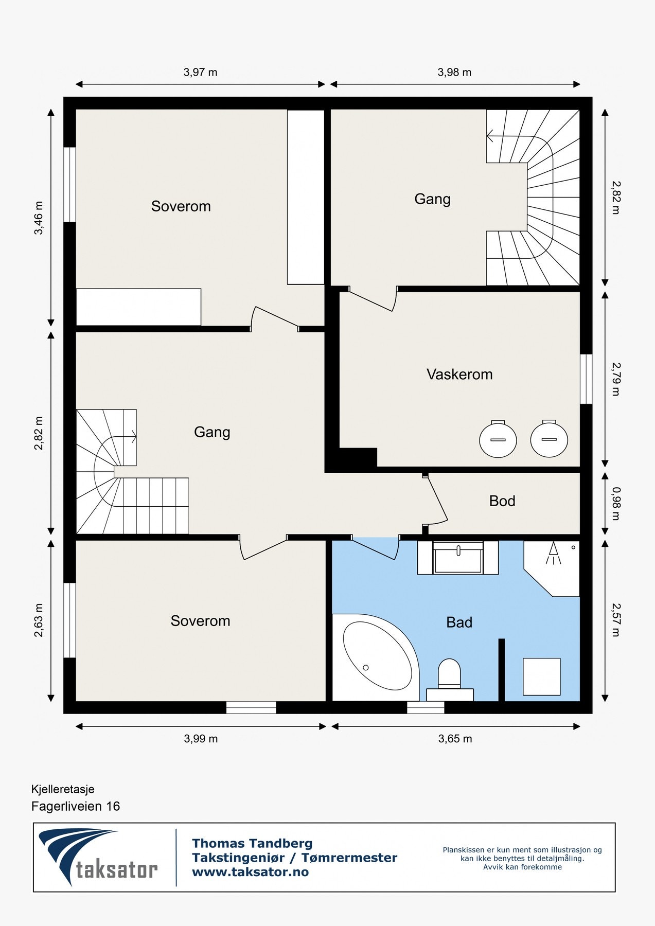 KJELLERETASJEN har to soverom, baderom, bod/vaskerom, bod og gang. Galleribilde