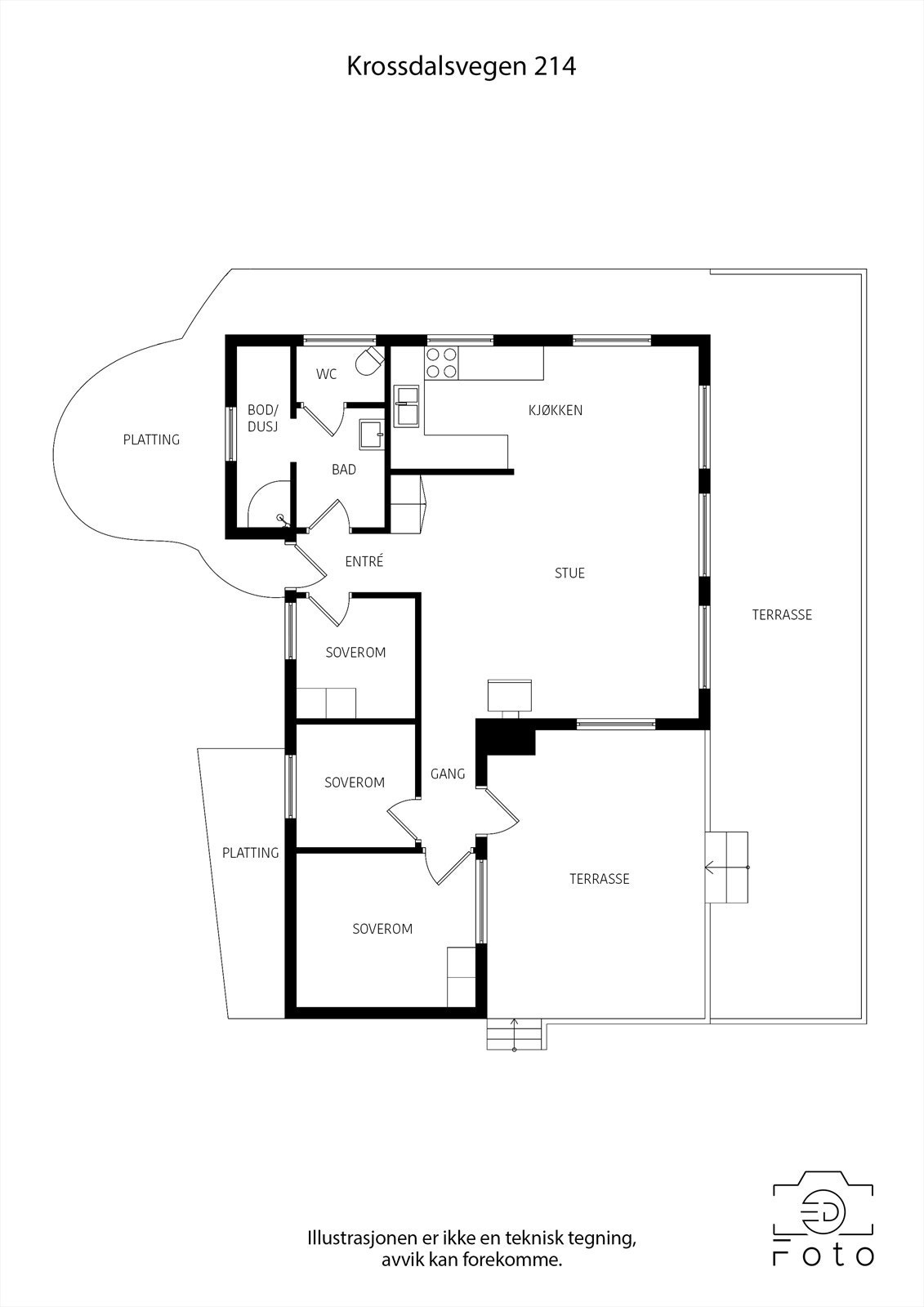 Denne fritidsboligen har en praktisk planløsning på ett plan, med åpen stue- og kjøkkenløsning og tre soverom. Galleribilde