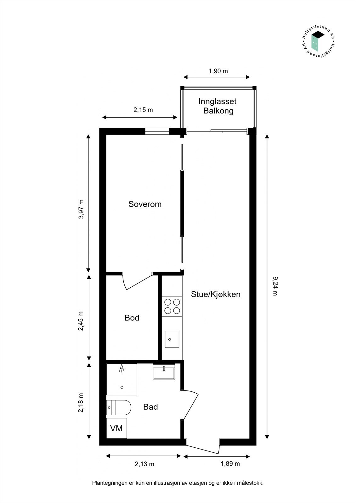 Effektiv planløsning med ett soverom og bod. Galleribilde