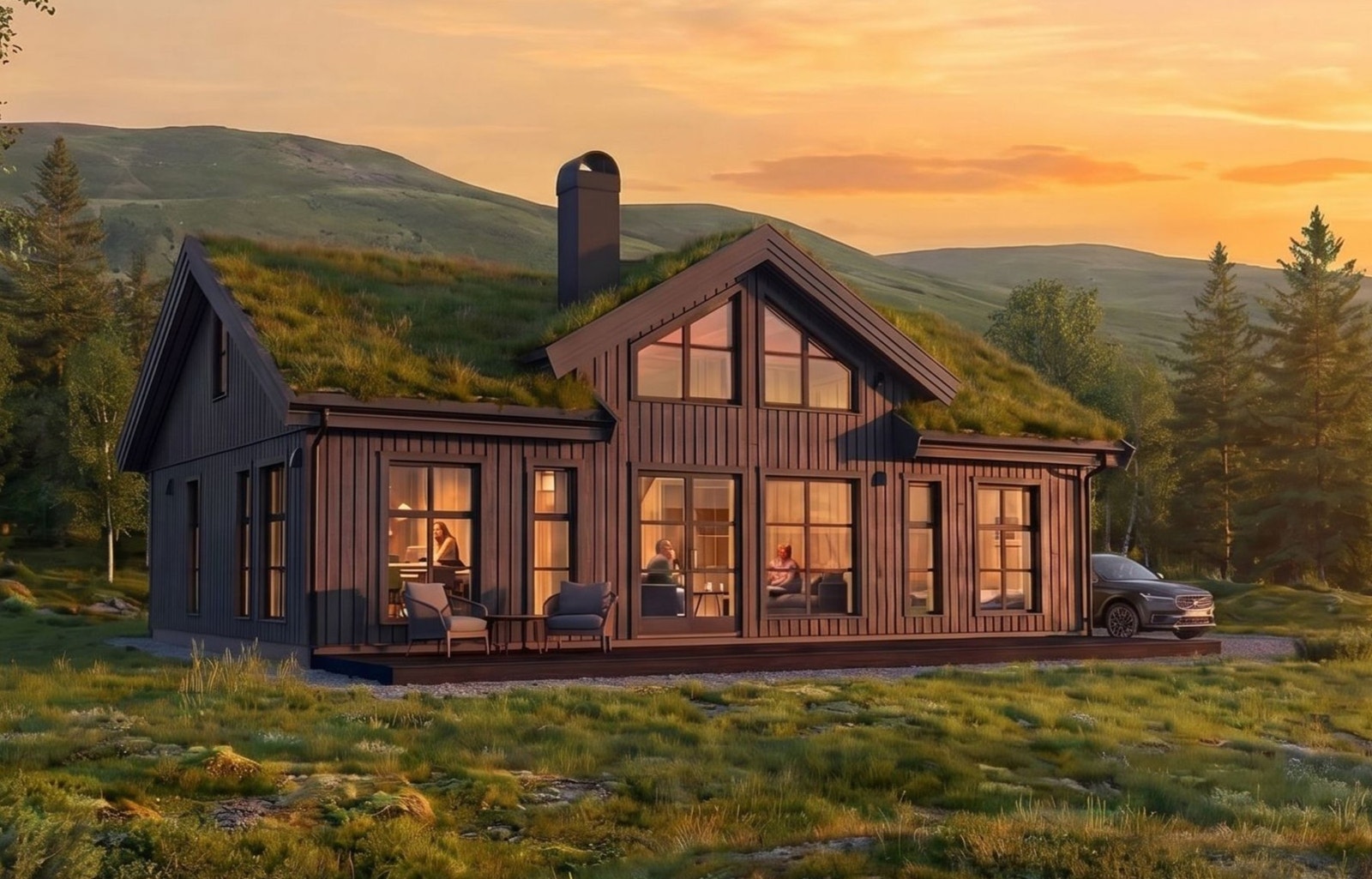 Hyttemodellen Lofoten er spesielt egnet for utsiktstomter med skrånende terreng. Bildet er en AI illustrasjon og kan avvike fra virkelig leveranse. Galleribilde