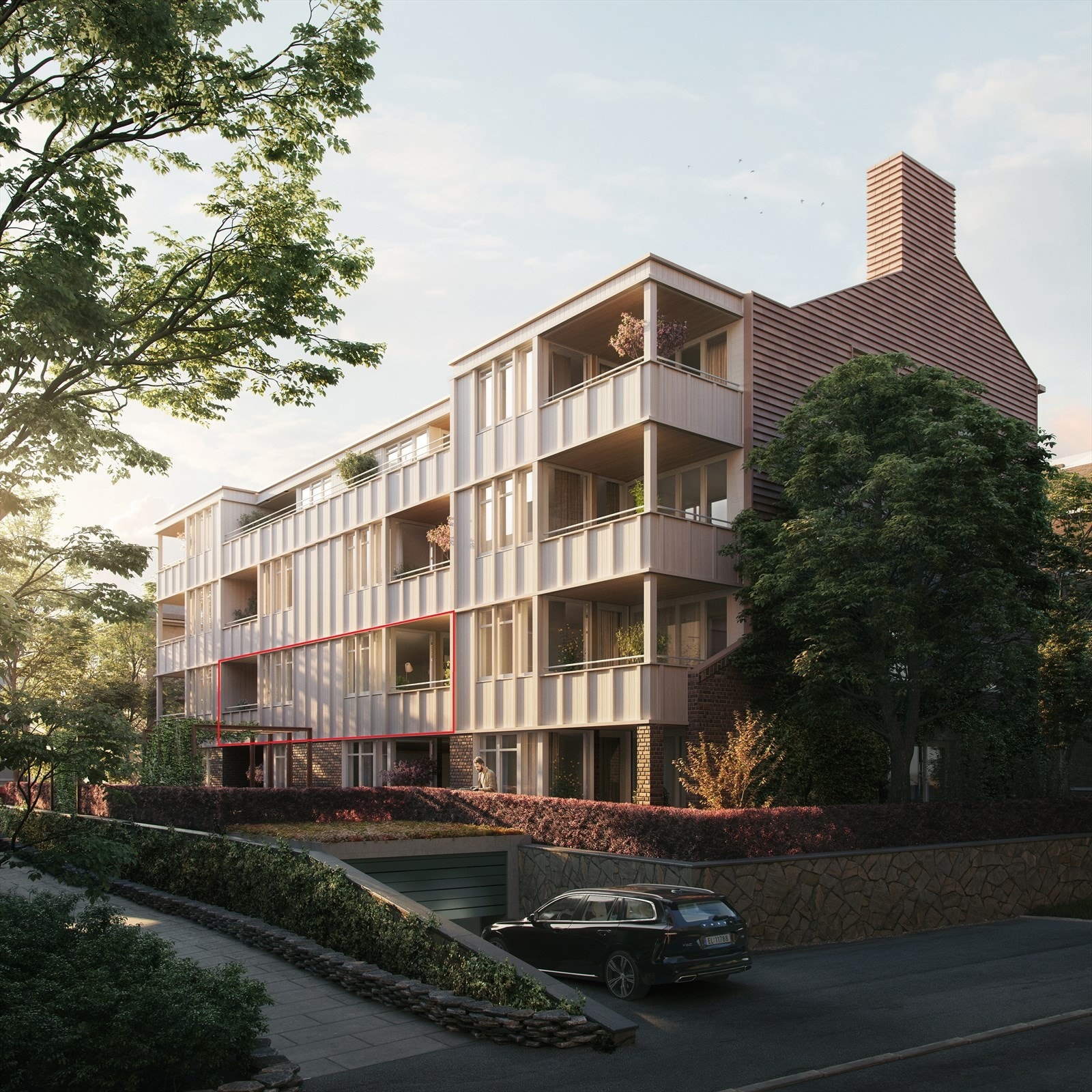Fasade - Leilighetens interne beliggenhet markert med rød firkant. Illustrasjon. Galleribilde